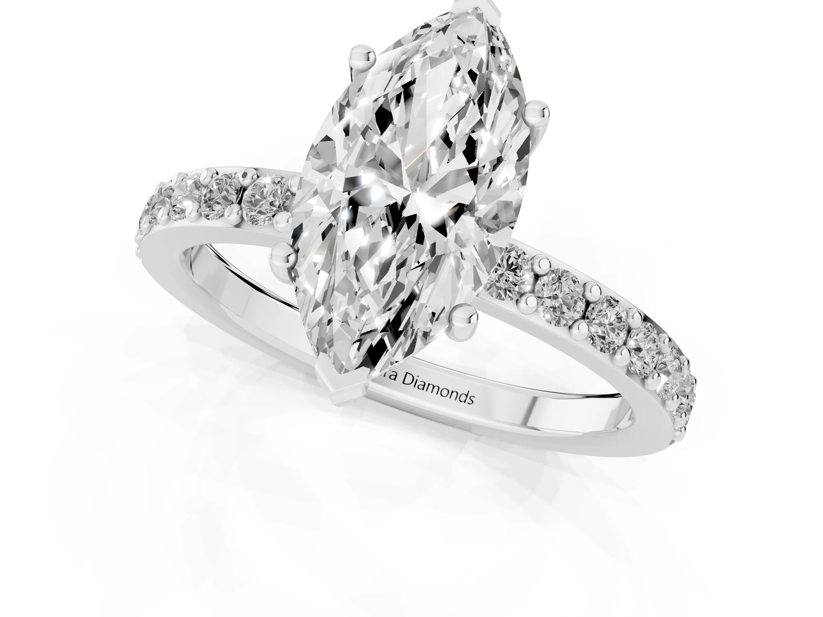 Marquise Cut Diamond Solitaire Set in Platinum with Round Pavé Band and Prong Setting – second view