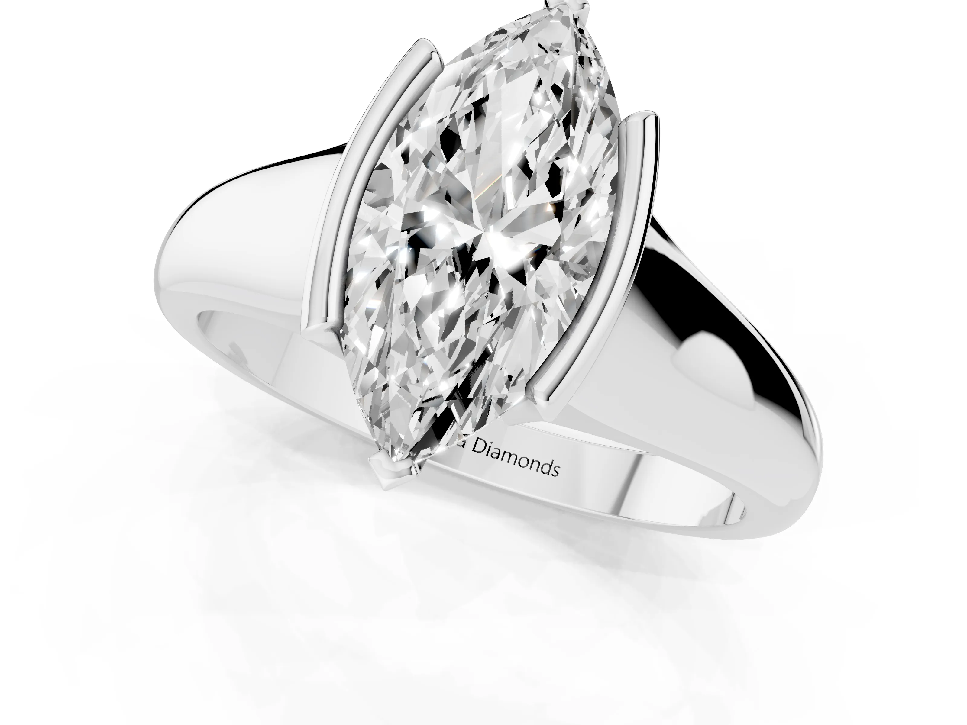Marquise Cut Diamond Solitaire Tension Set Ring Set in White gold with Split Shank Band