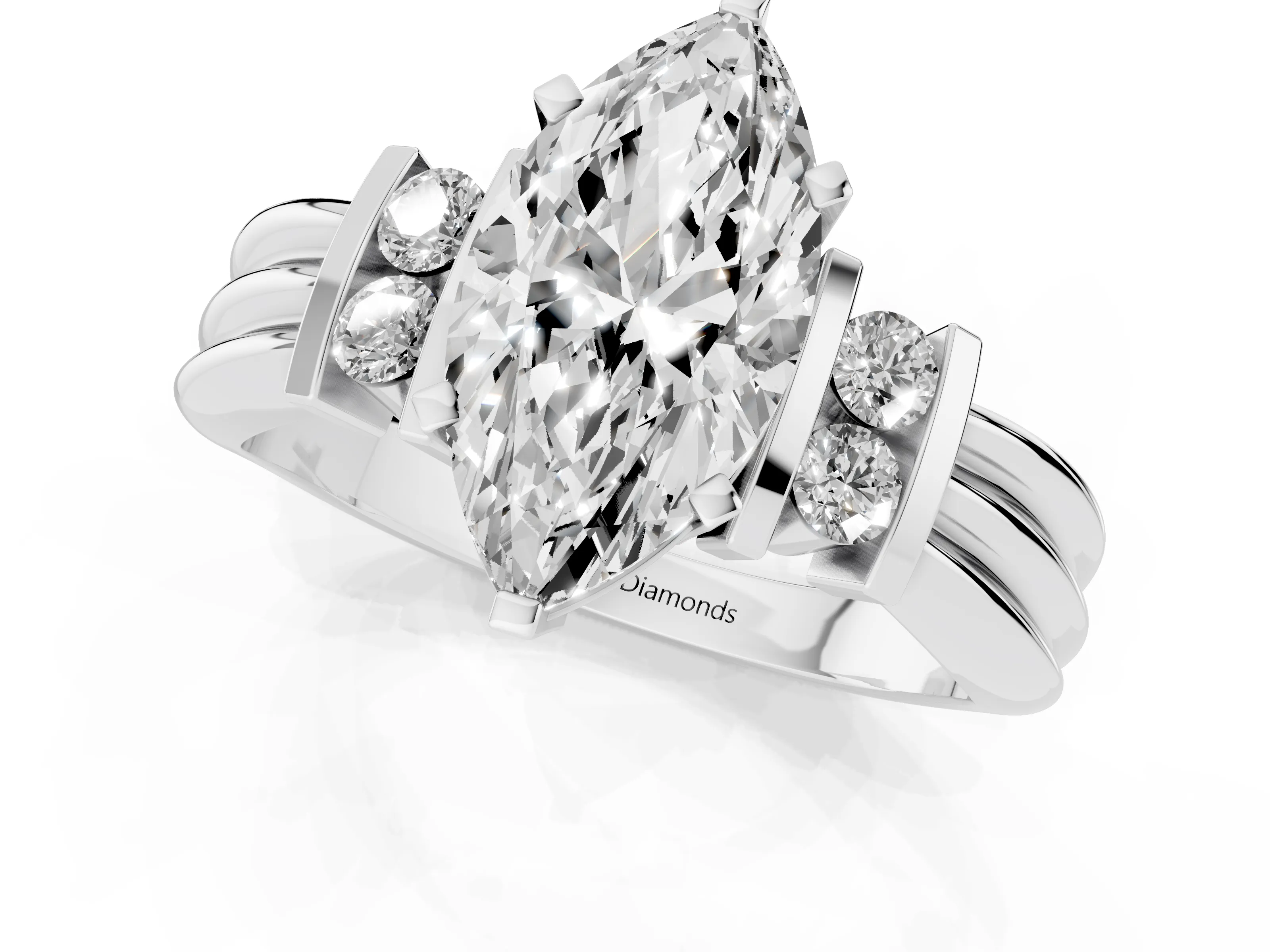 Three-Stone Marquise Cut Diamond Channel Set Ring Set in Platinum with Bar Prongs