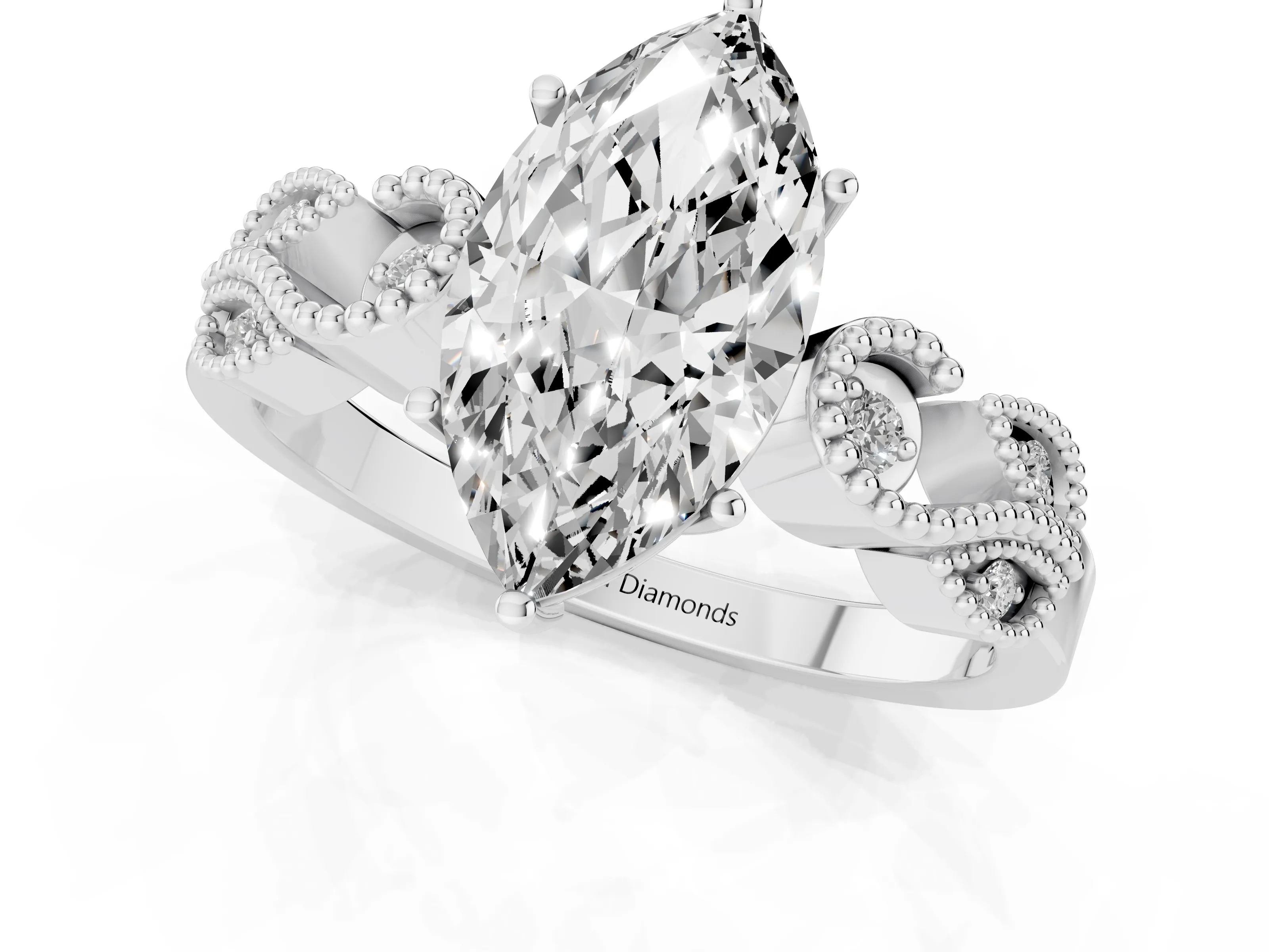 Marquise Cut Diamond Milgrain Leaf Band Solitaire Ring Set in White gold with Accent Stones and Prong Setting