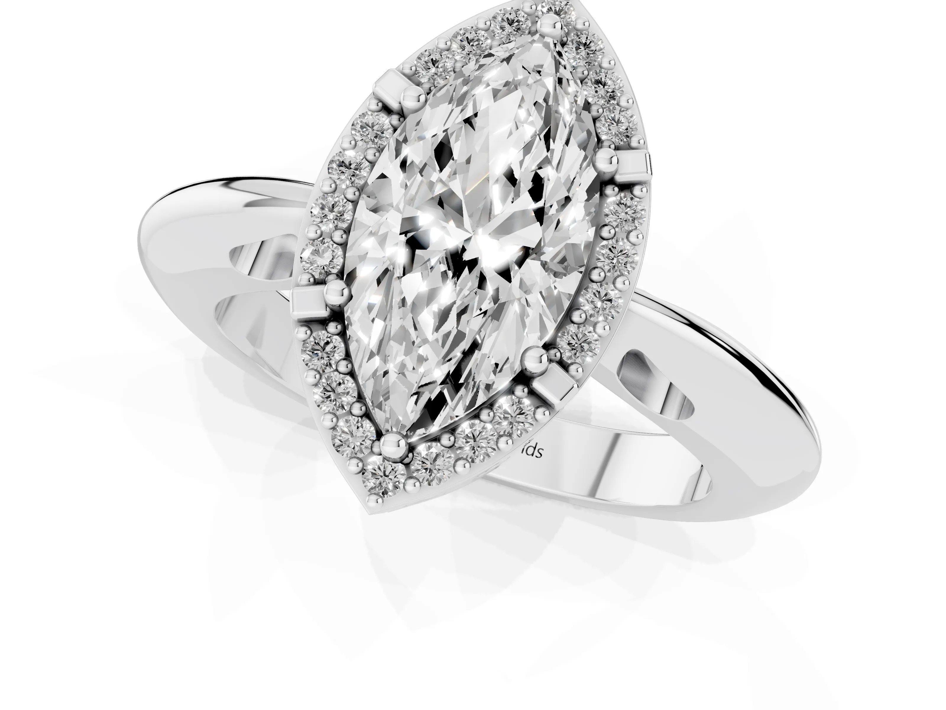Marquise Cut Diamond Halo Engagement Ring Set in White gold with Plain Split Shank and Prong Setting