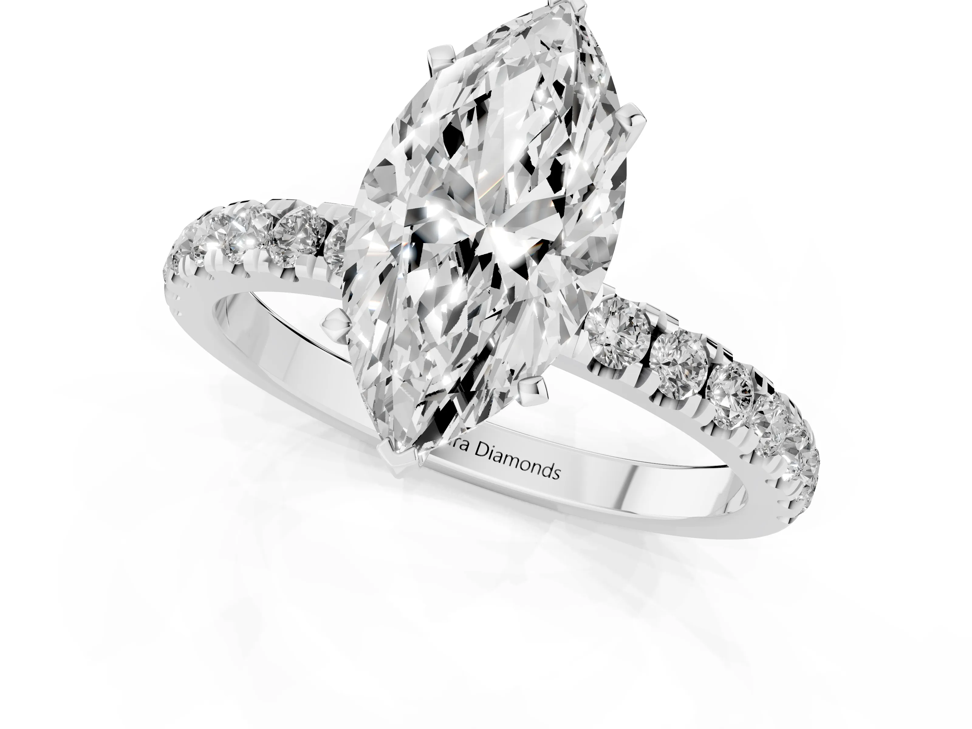Marquise Cut Diamond Solitaire Ring Set in Silver with Pavé Accents and Prong Setting