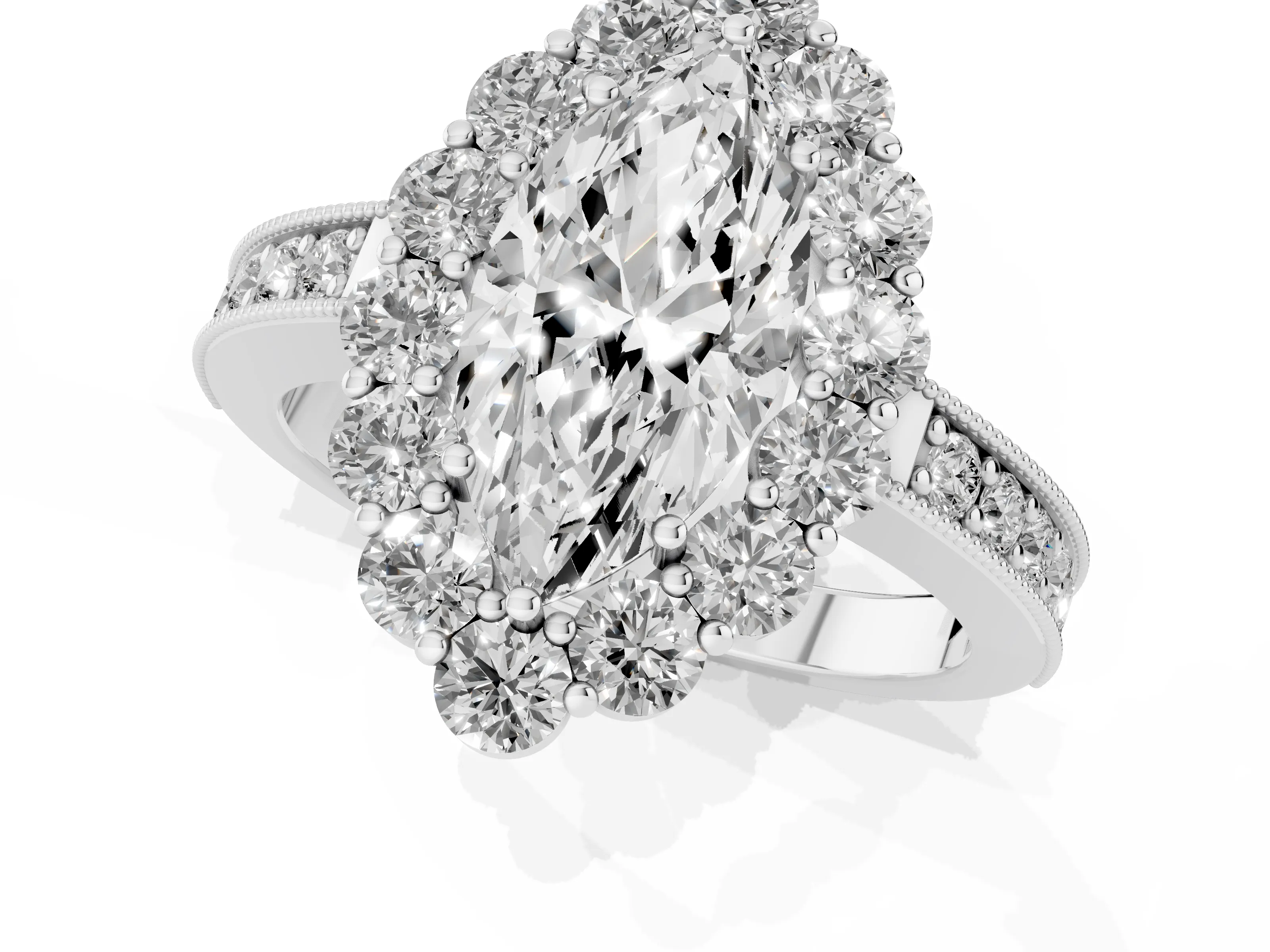 Marquise Cut Diamond Halo Pavé Engagement Ring Set in White gold with Milgrain Detailing
