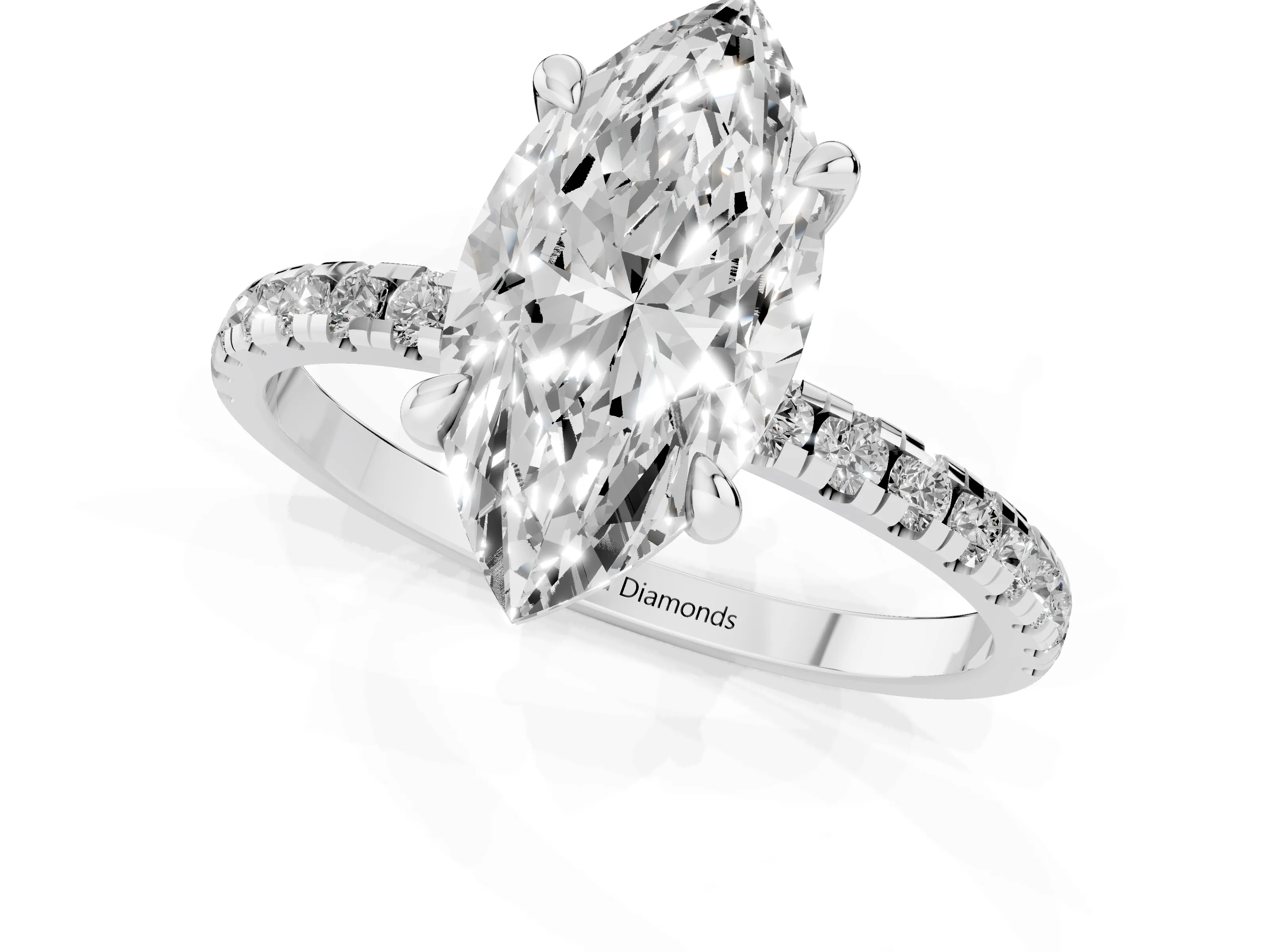 Marquise Cut Diamond Brilliant Solitaire Ring Set in White gold with Pavé Band and Prong Setting
