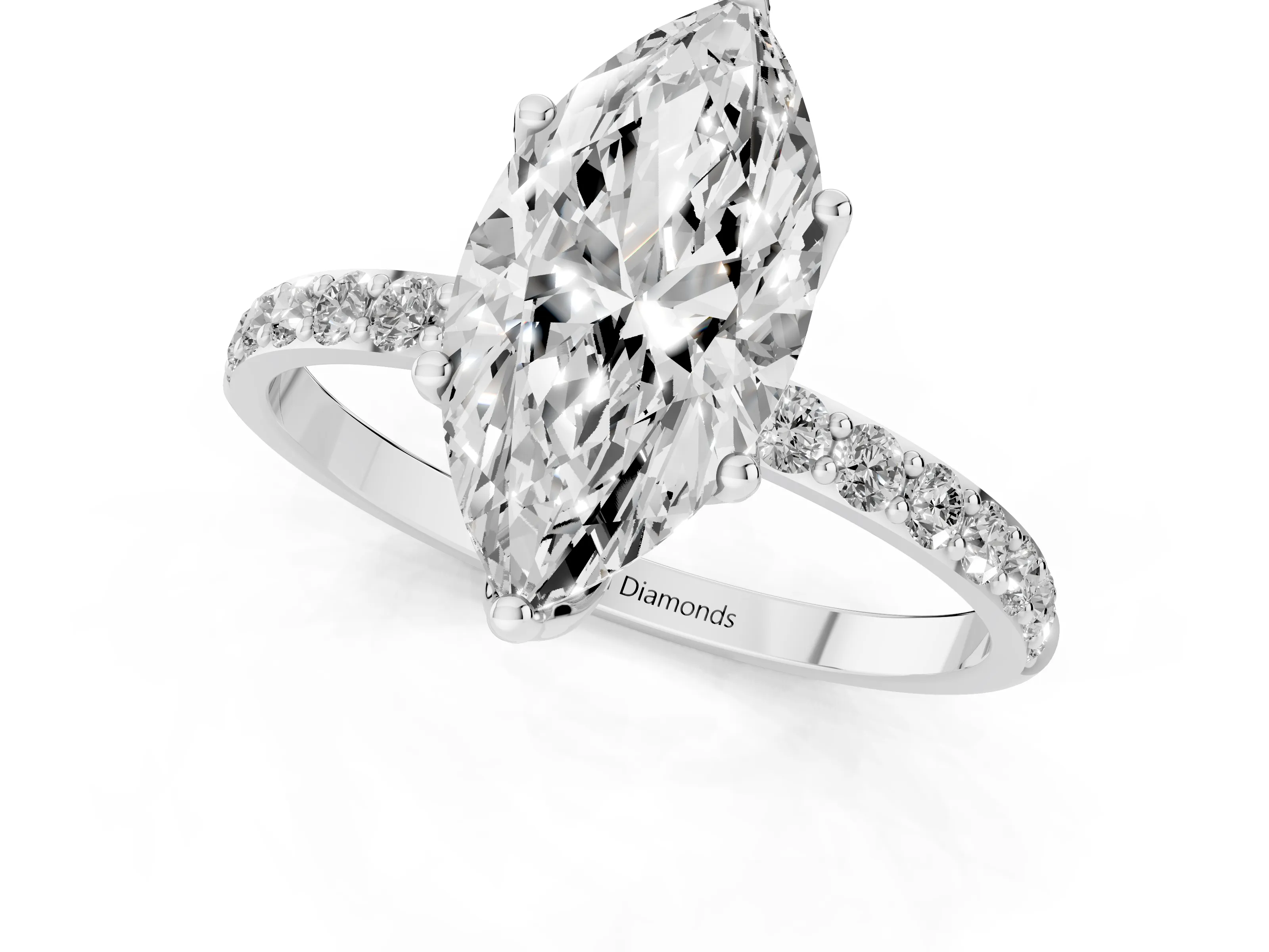 Marquise Cut Diamond Solitaire Engagement Ring Set in White gold with Round Pavé Band and Prong Setting