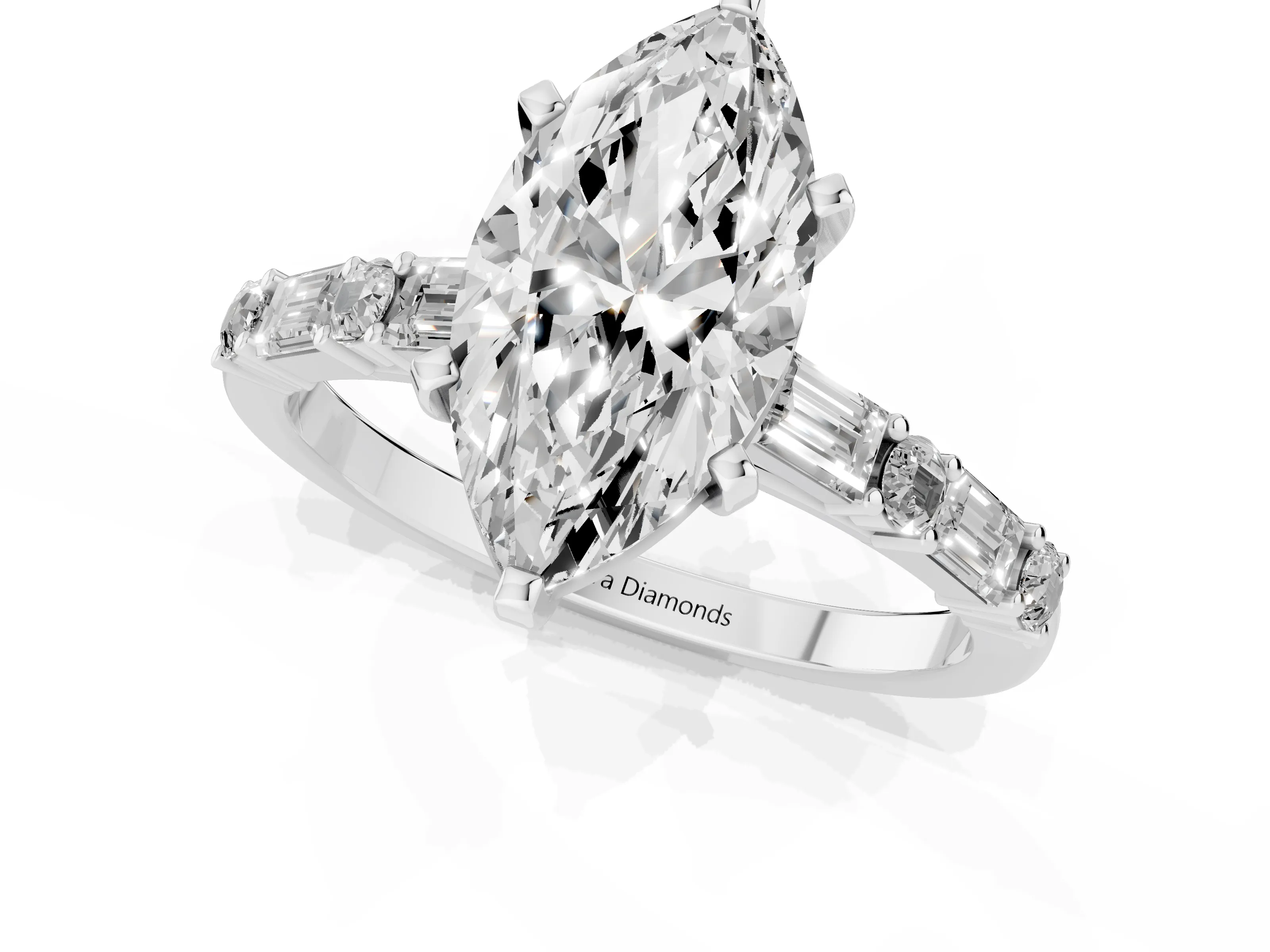 Marquise Cut Diamond Solitaire Set in Platinum with Side Baguettes and Channel Set Band