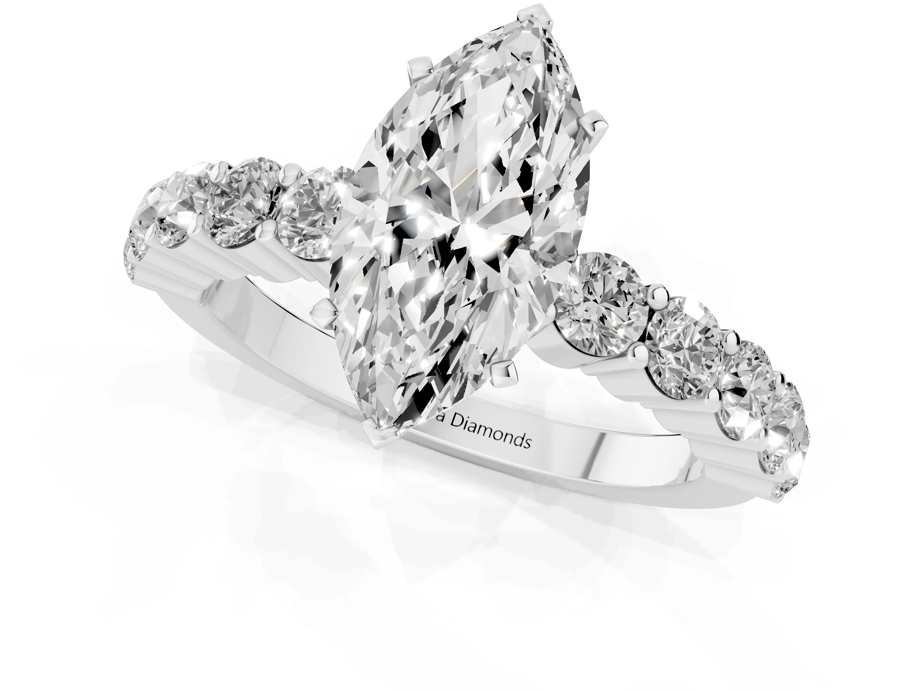 Marquise Cut Diamond Solitaire Ring Set in Platinum with Shared Prong Round Side Stones