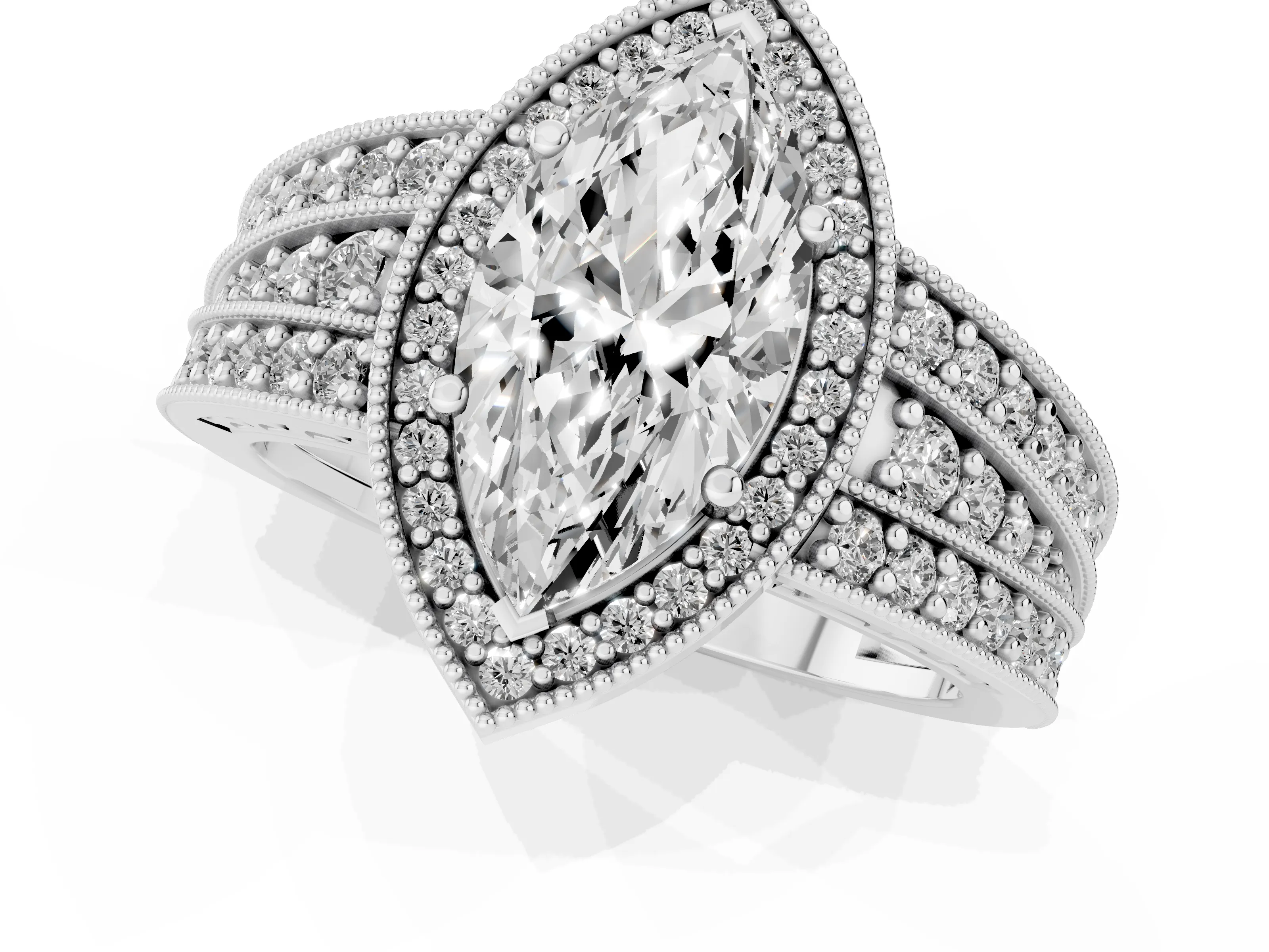 Marquise Cut Diamond Halo Ring Set in White gold with Accent Split Shank and Prong Setting