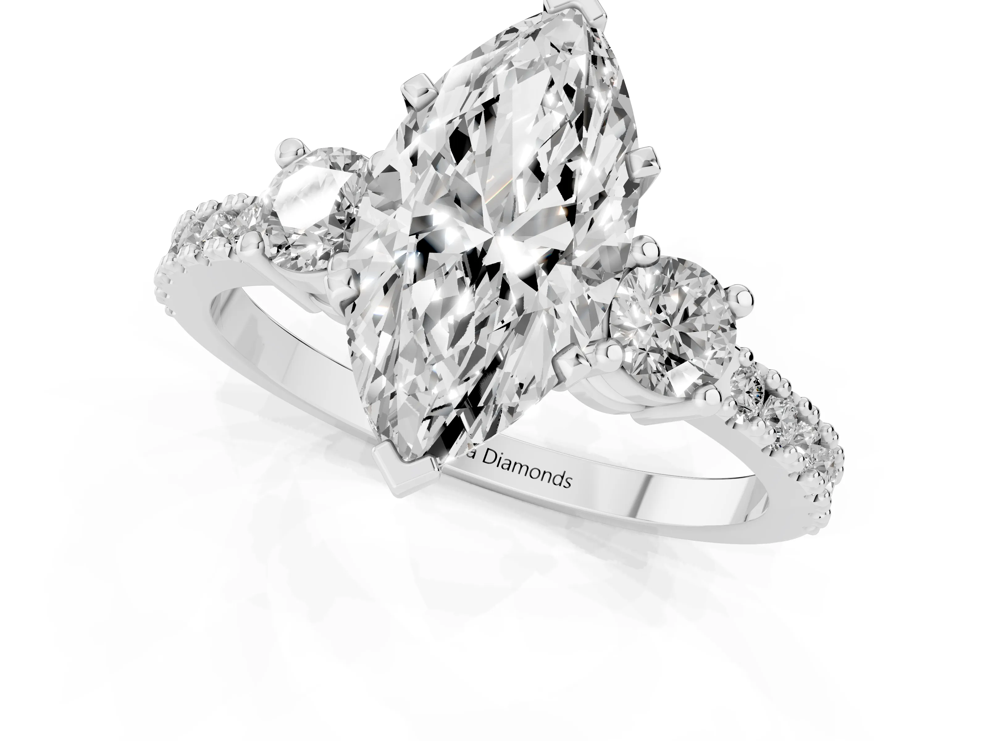 Three-Stone Marquise Cut Diamond Pavé Band Ring Set in Platinum with Prong Setting