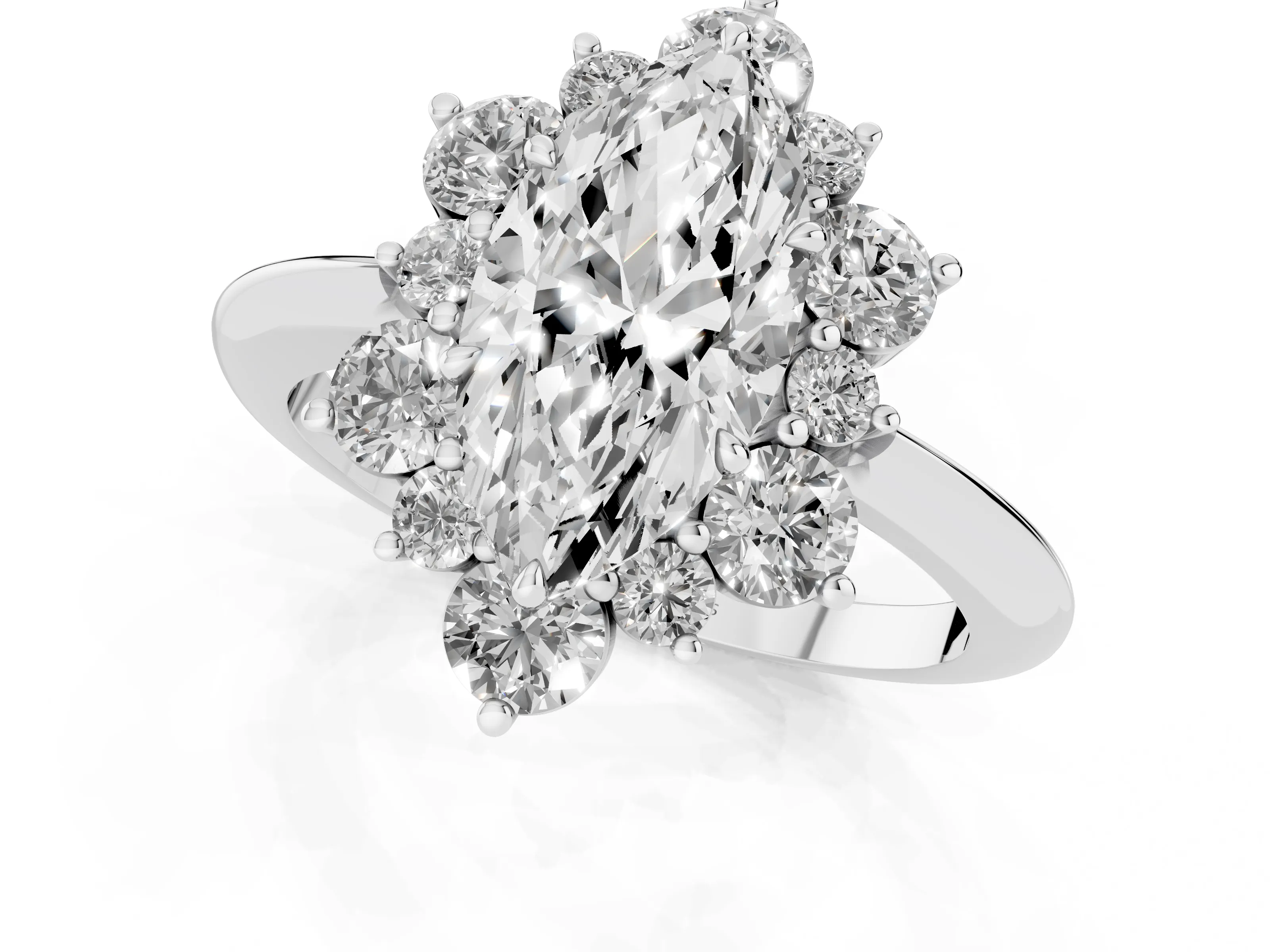 Marquise Cut Diamond Cluster Halo Ring Set in White gold with Solitaire Band and Prong Setting
