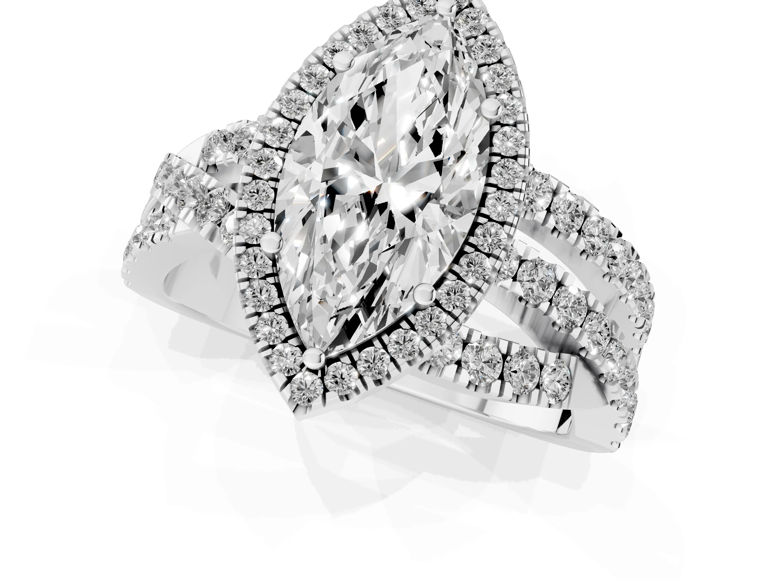 Marquise Cut Diamond Halo Ring Set in Platinum with Round Crossover Split Shank and Prong Setting