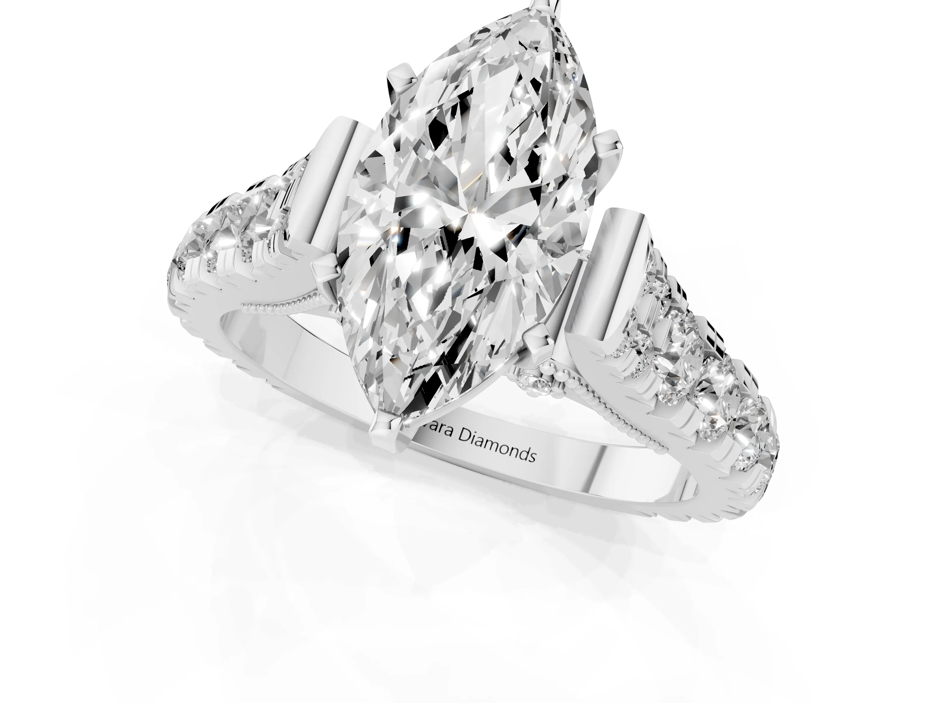 Marquise Cut Diamond Classic Solitaire Ring Set in White gold with Pavé Band and Prong Setting