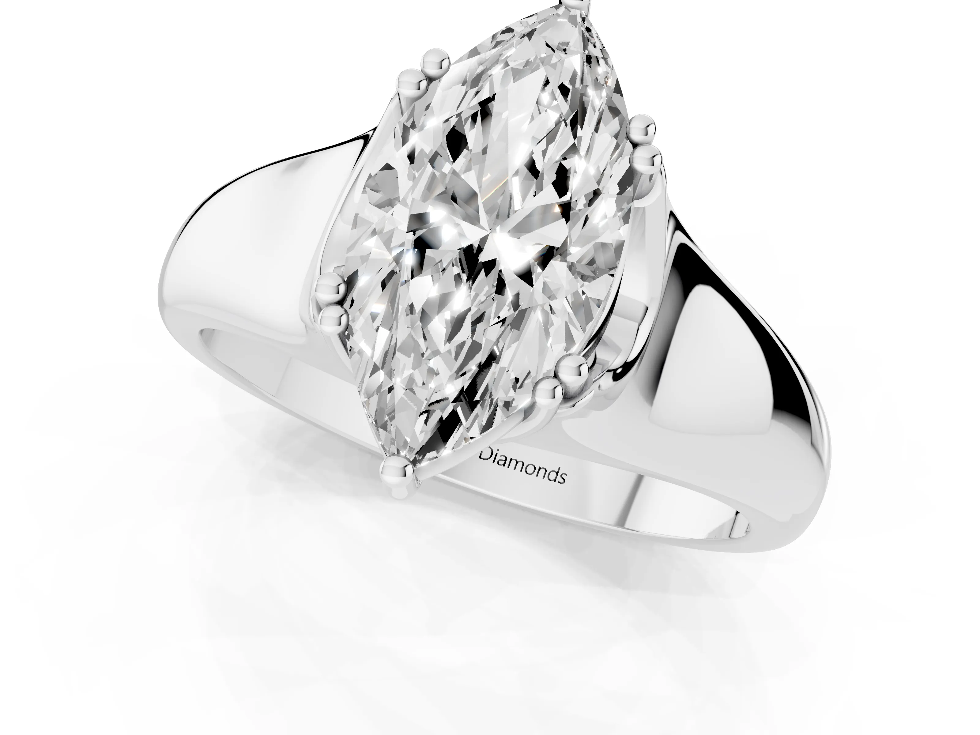 Marquise Cut Diamond Solitaire Ring Set in Platinum with Wide Band and Prong Setting