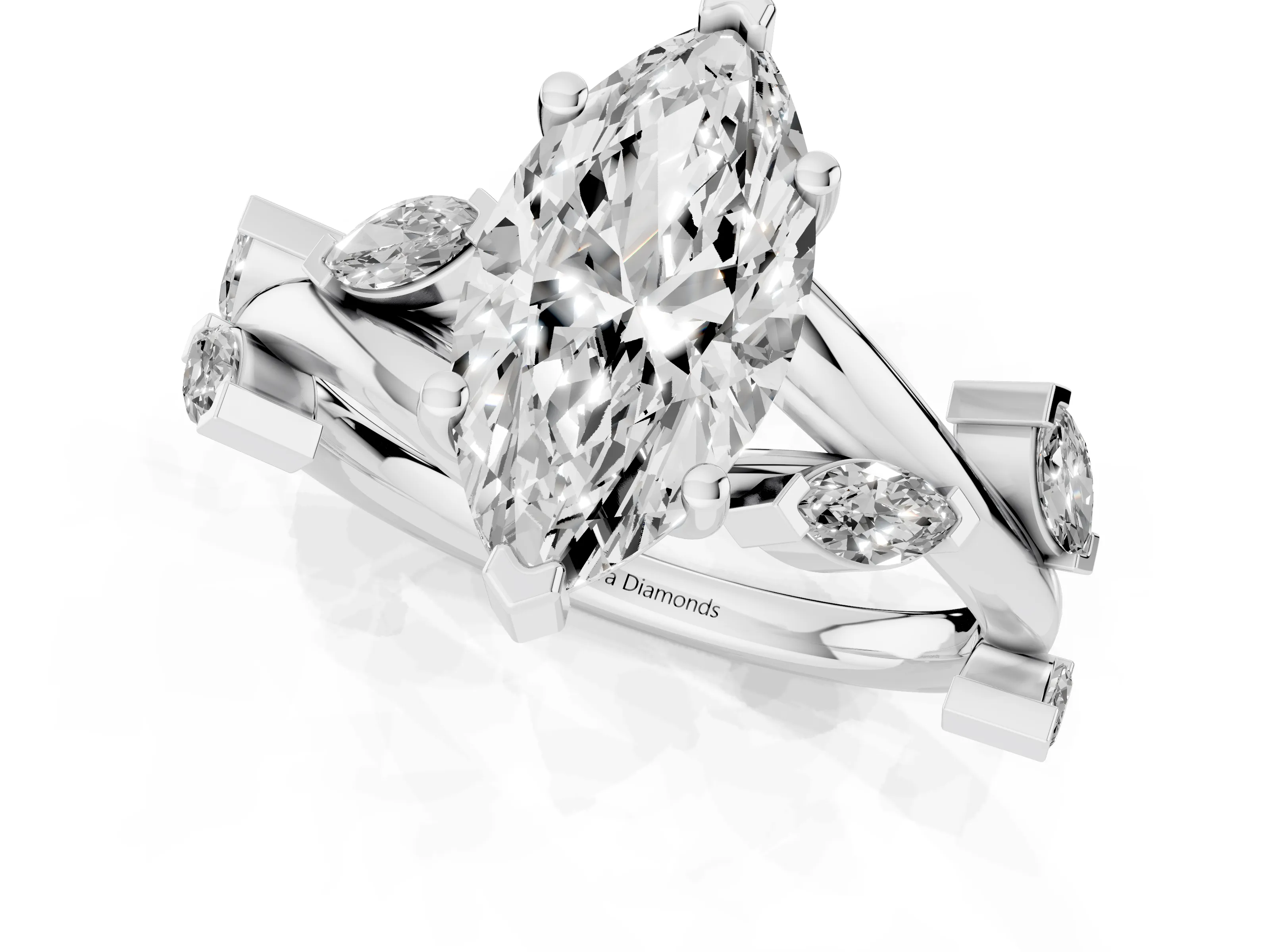 Marquise Cut Diamond Solitaire Ring Set in Silver with Twisted Marquise Accent Band