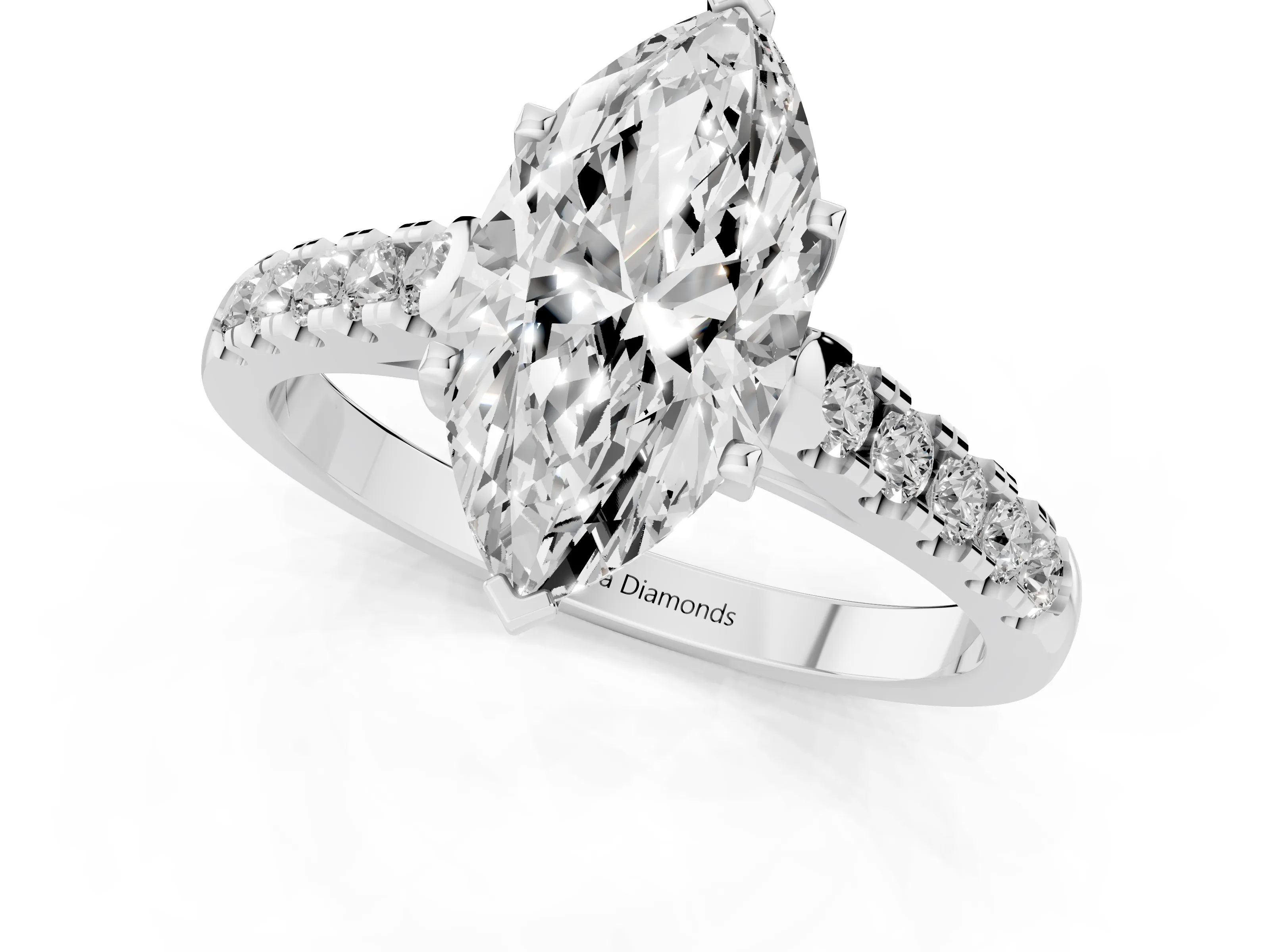 Marquise Cut Diamond Pavé Band Solitaire Ring Set in White gold with Partway Accent Stones and Prong Setting