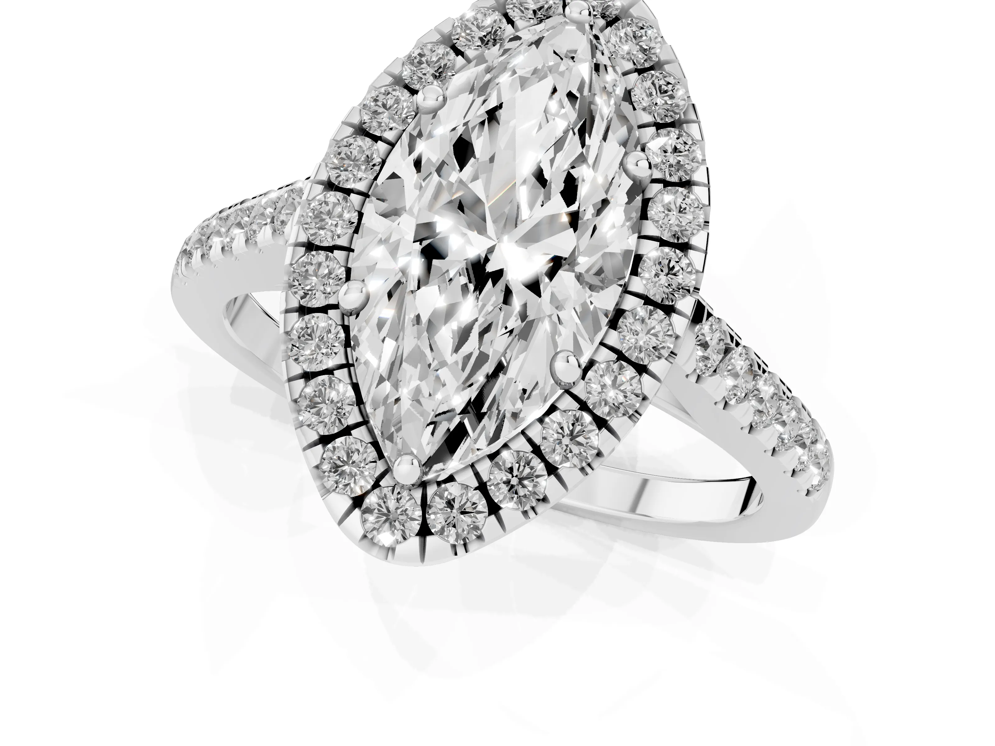 Marquise Cut Diamond Pavé Halo Engagement Ring Set in White gold with Pavé Band and Prong Setting