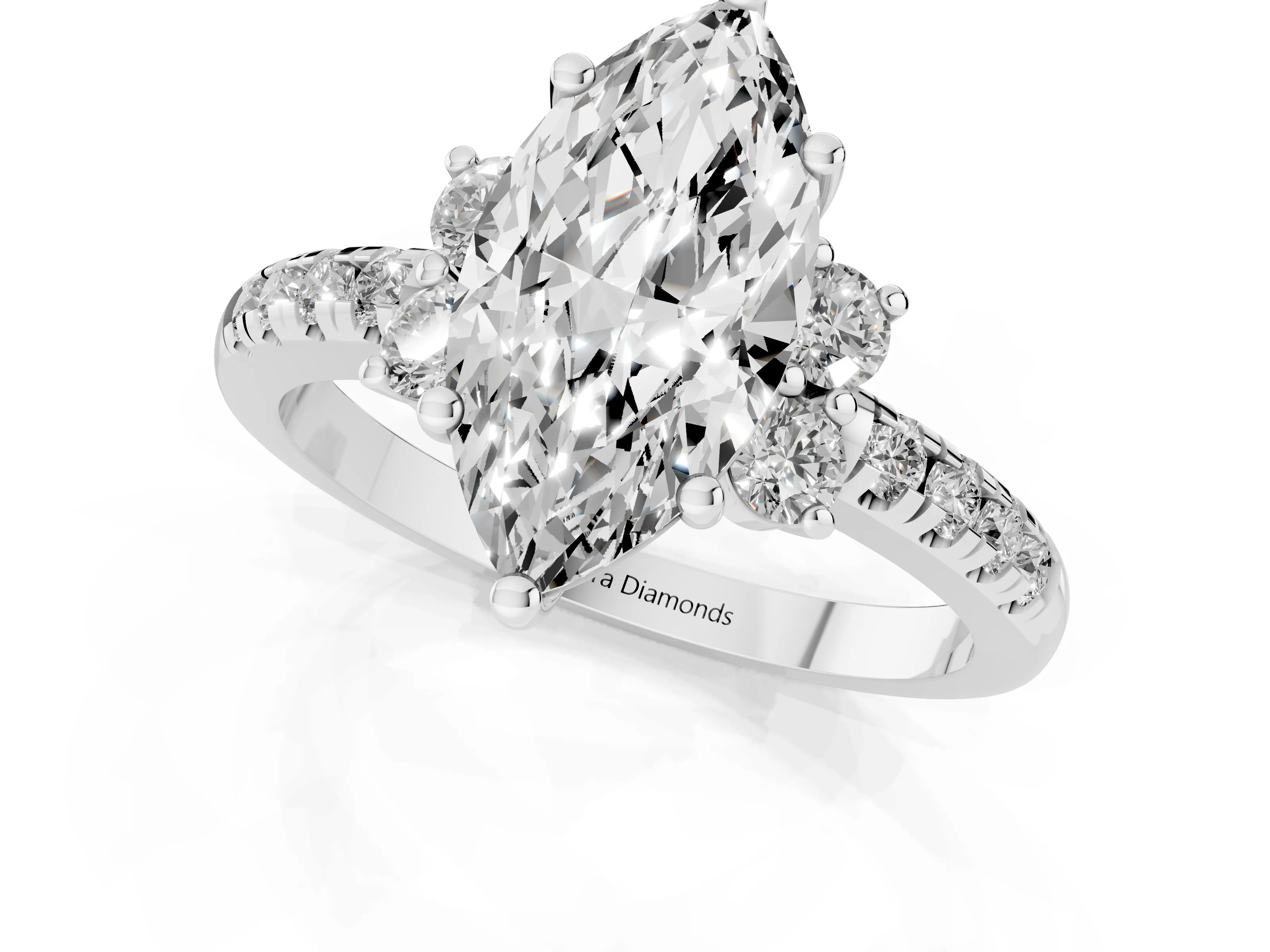 Marquise Cut Diamond Three-Stone Pavé Ring Set in Silver with Prong Setting