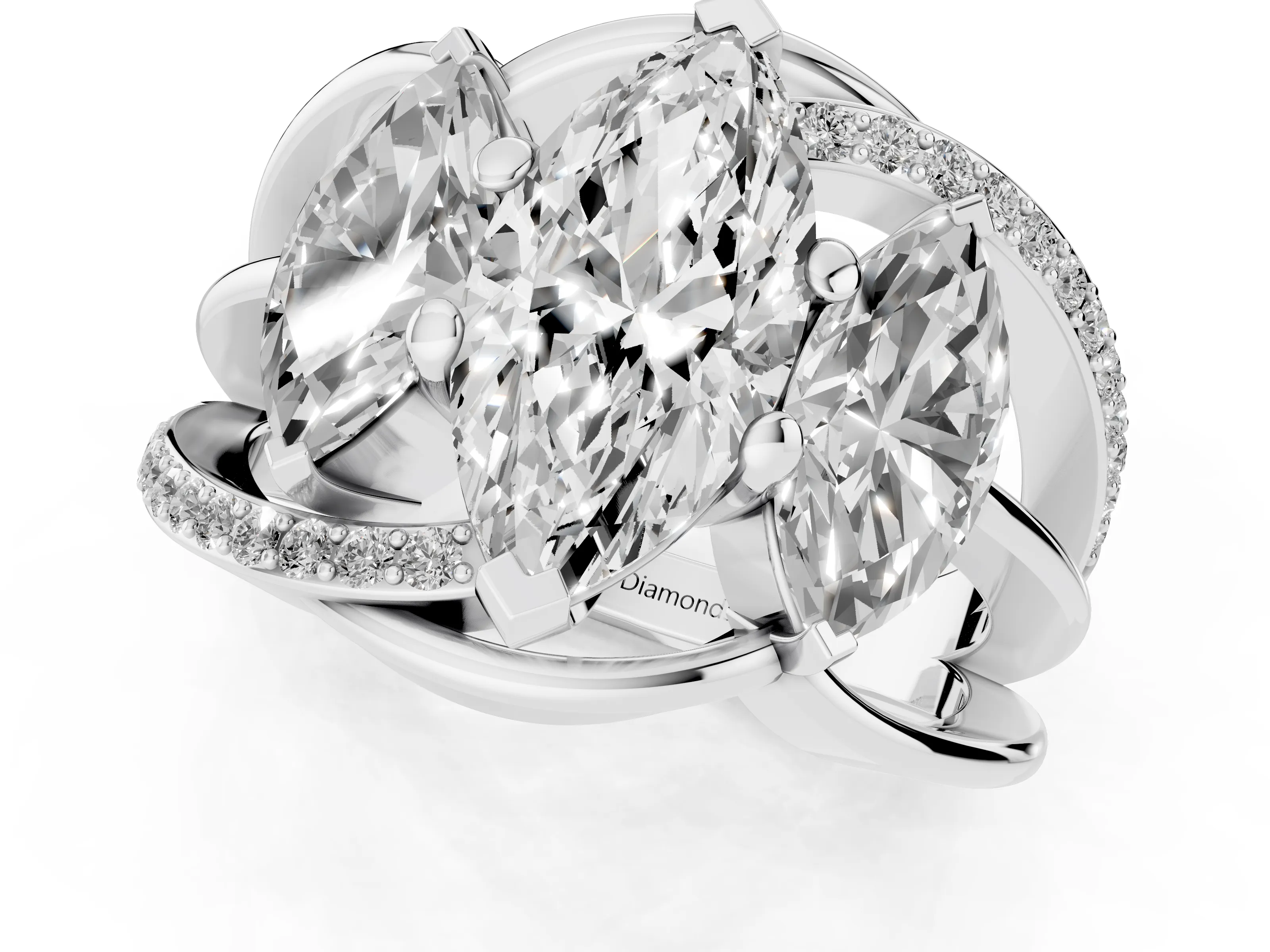 Marquise Cut Diamond Three-Stone Ring Set in Platinum with Split Shank and Prong Setting