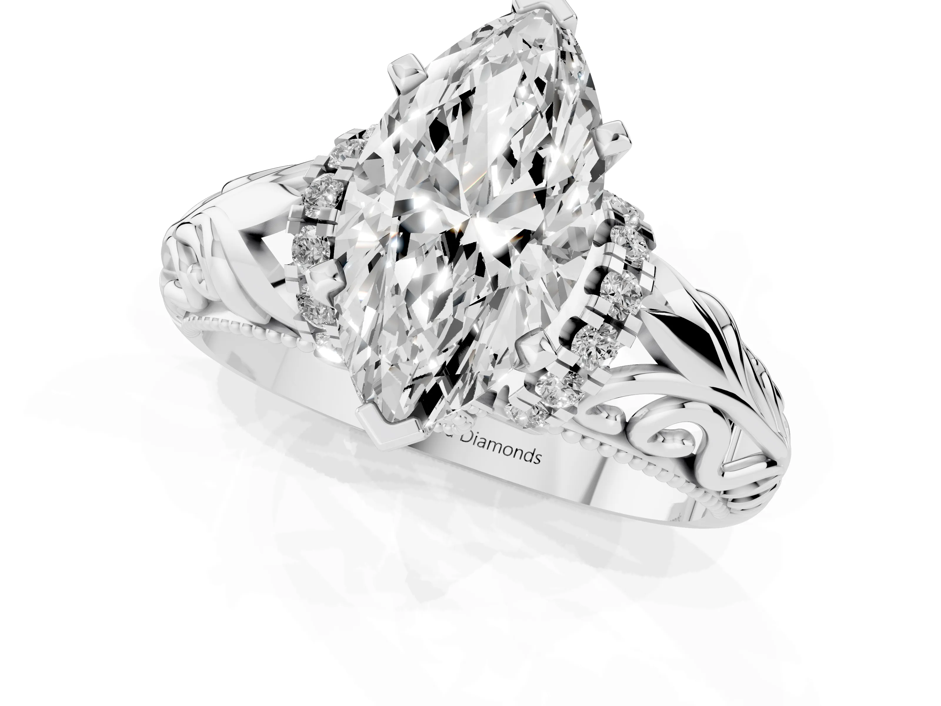 Marquise Cut Diamond Filigree Halo Engagement Ring Set in White gold with Prong Setting