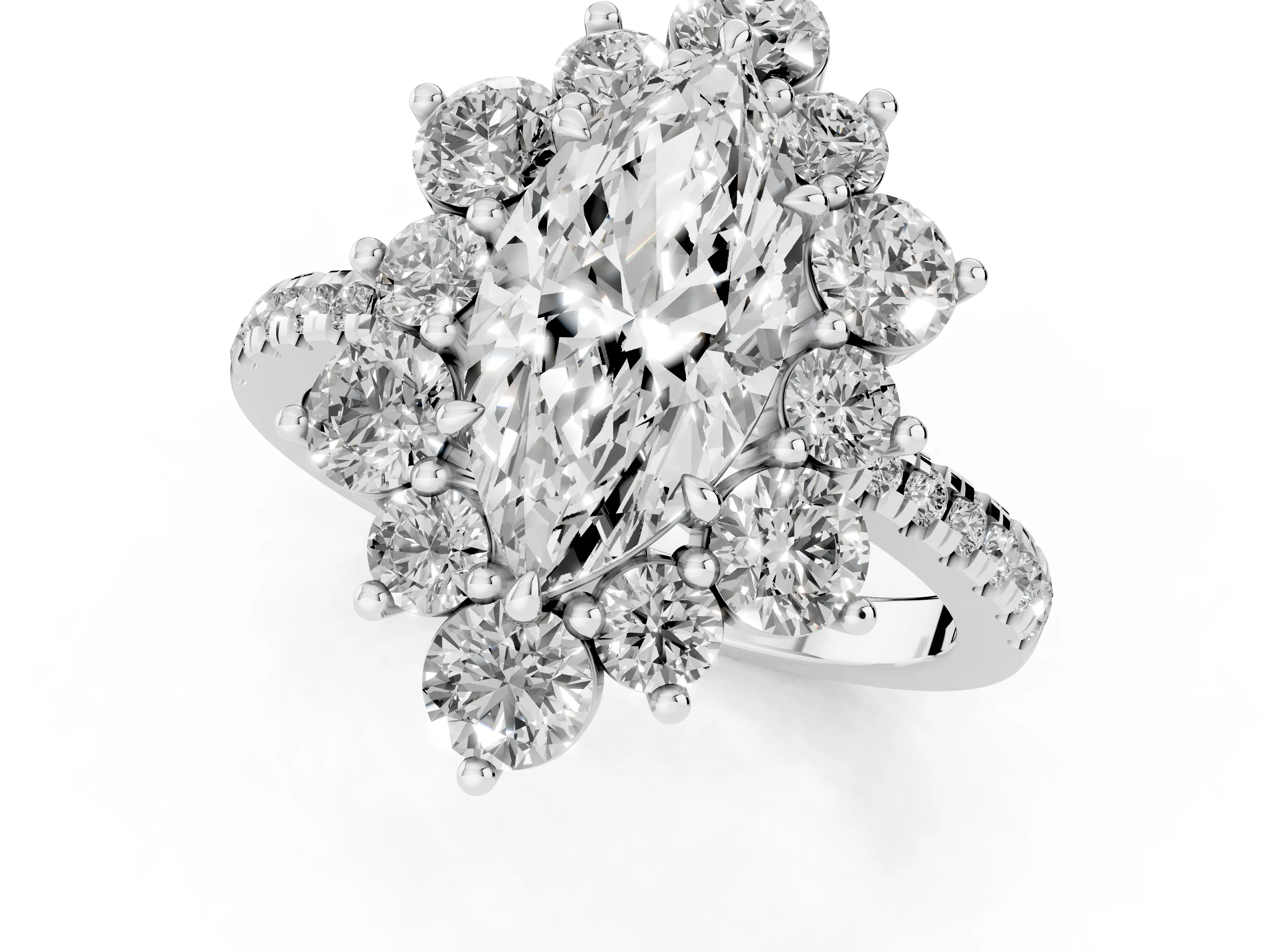 Marquise Cut Diamond Floral Halo Ring Set in Platinum with Round Pavé Band and Prong Setting