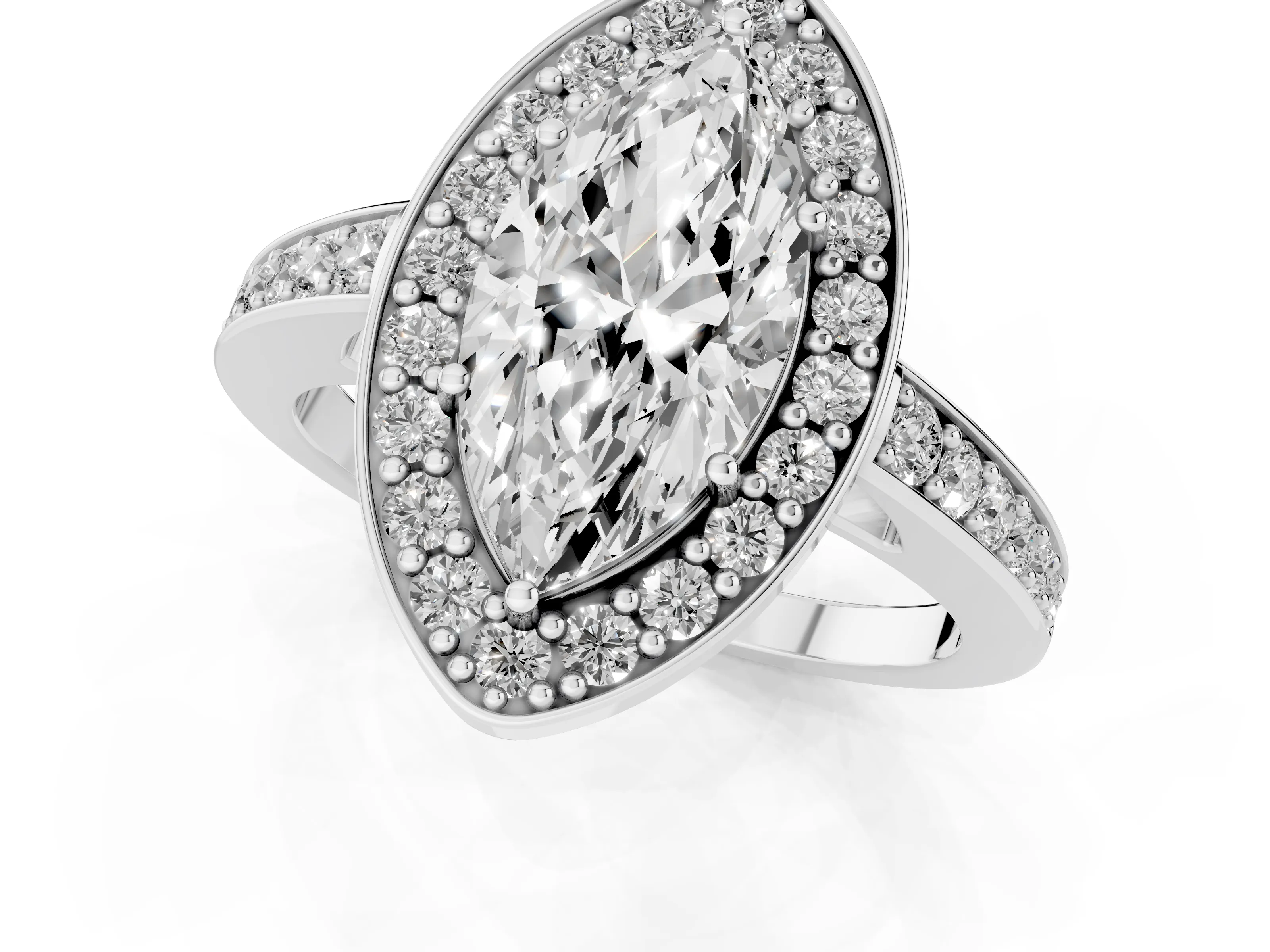 Marquise Cut Diamond Halo Pavé Engagement Ring Set in Silver with Bezel Setting