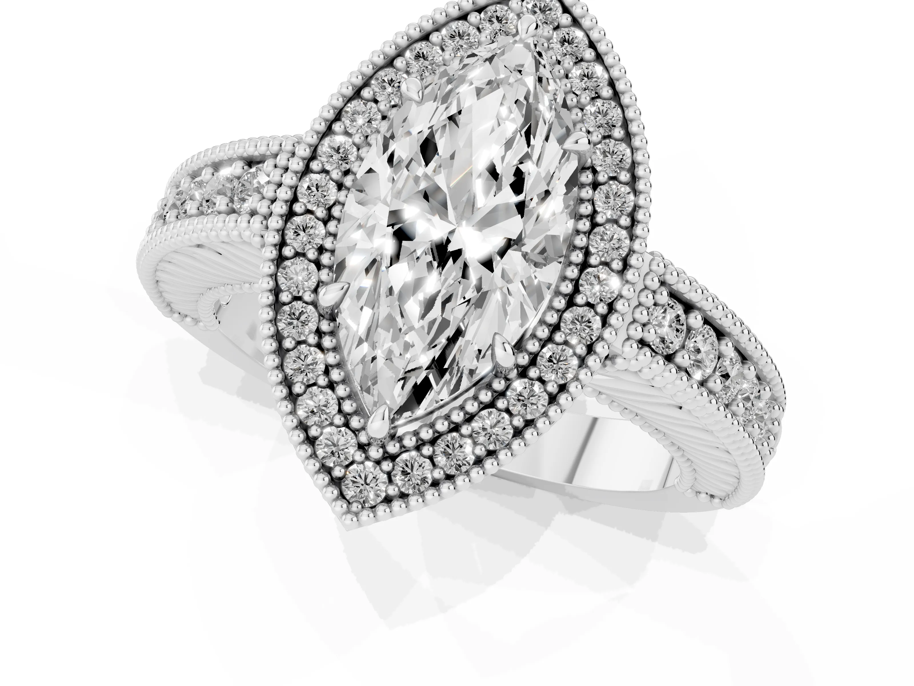 Marquise Cut Diamond Halo Ring Set in Platinum with Round Accent Halo, Pavé Band and Prong Setting – second view
