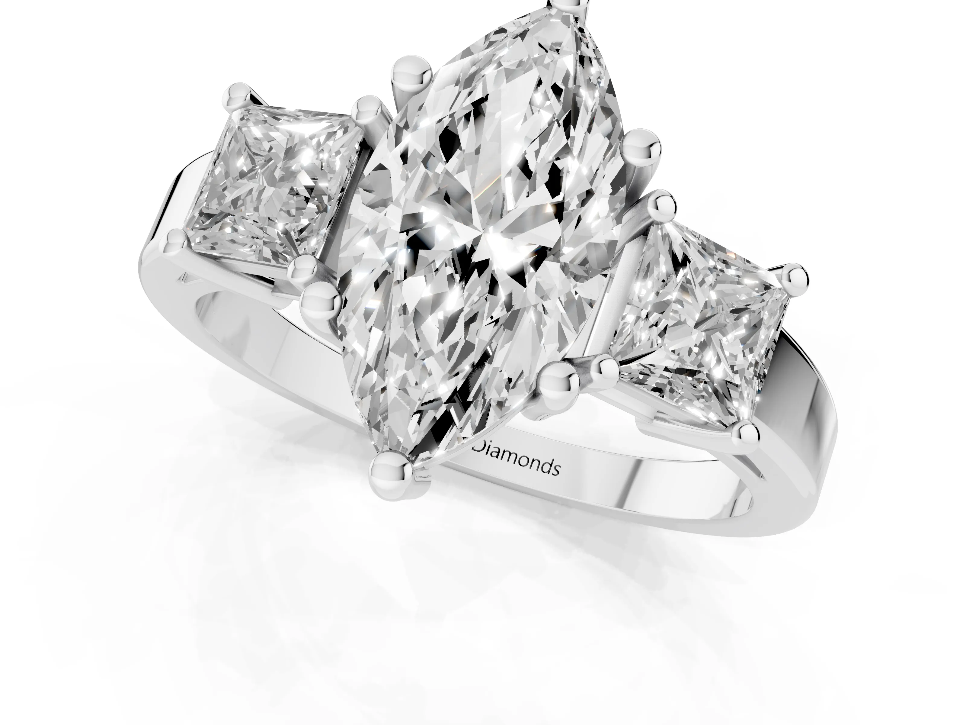 Three-Stone Marquise Cut Diamond Solitaire Ring Set in Silver with Prong Setting