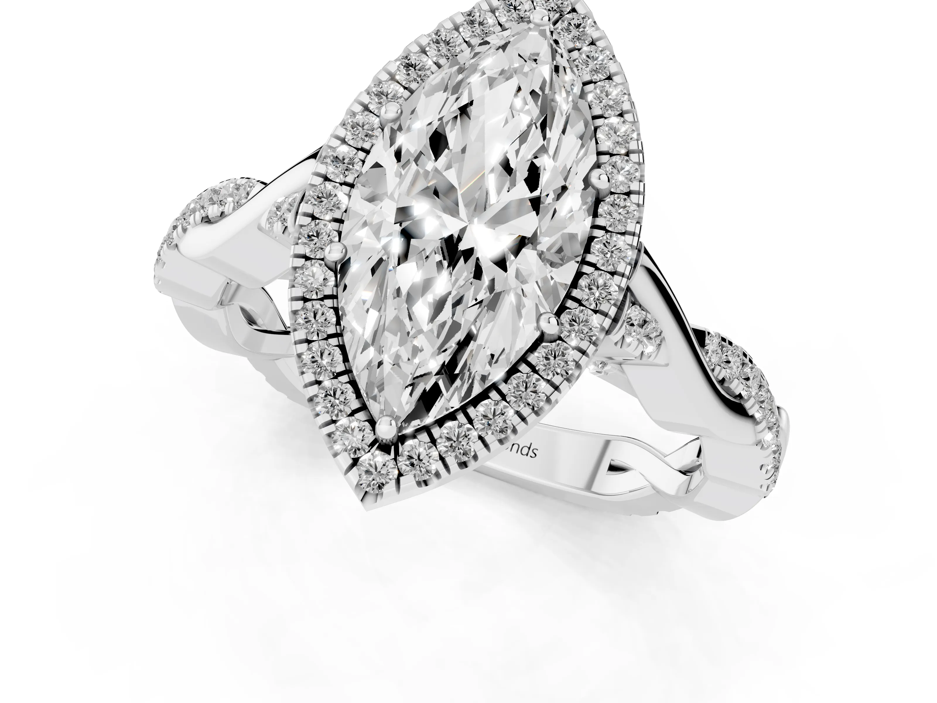 Marquise Cut Diamond Halo Twist Band Solitaire Ring Set in Platinum with Prong Setting – second view
