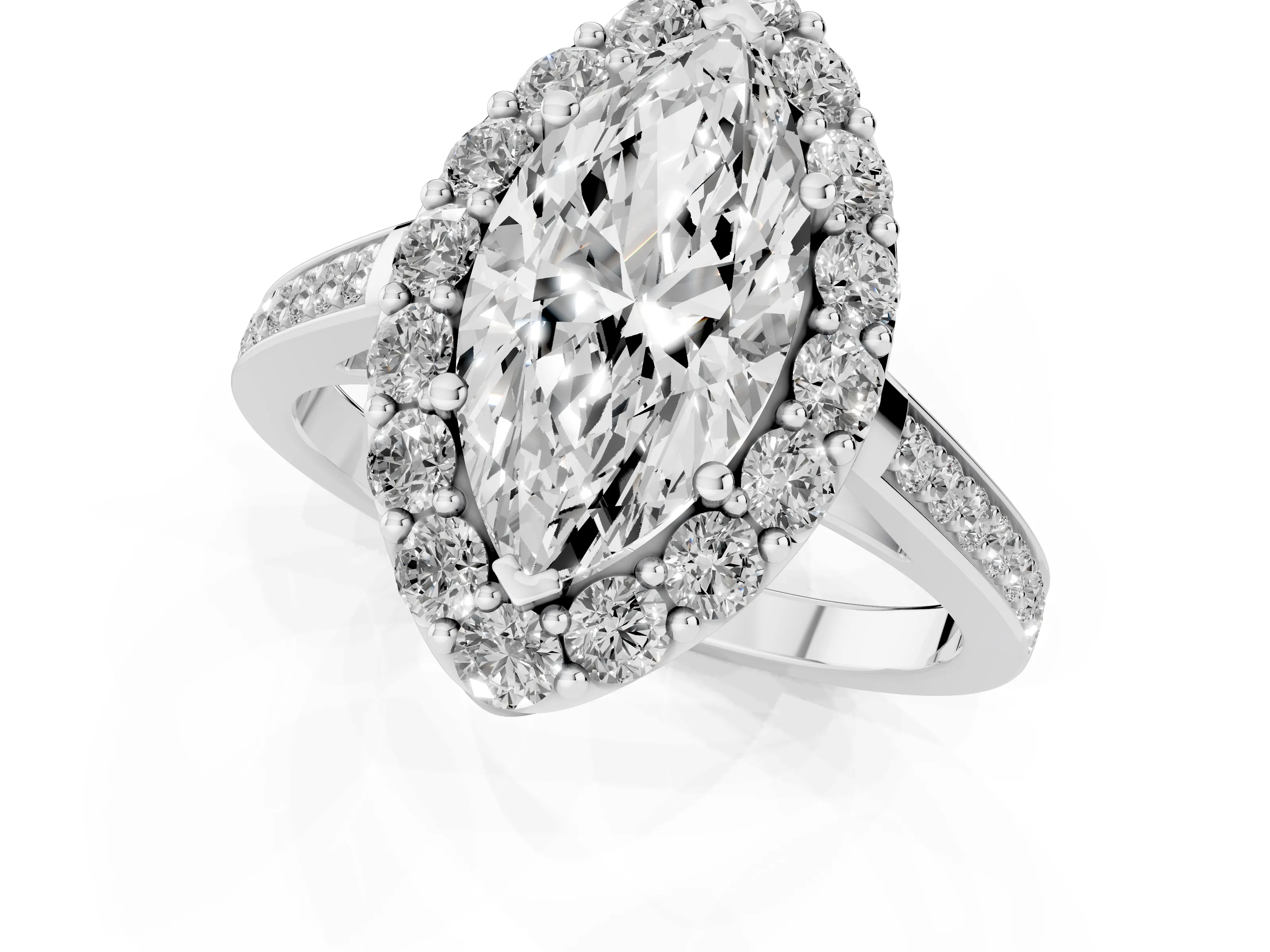 Marquise Cut Diamond Floral Halo Ring Set in Silver with Pavé Band and Prong Setting