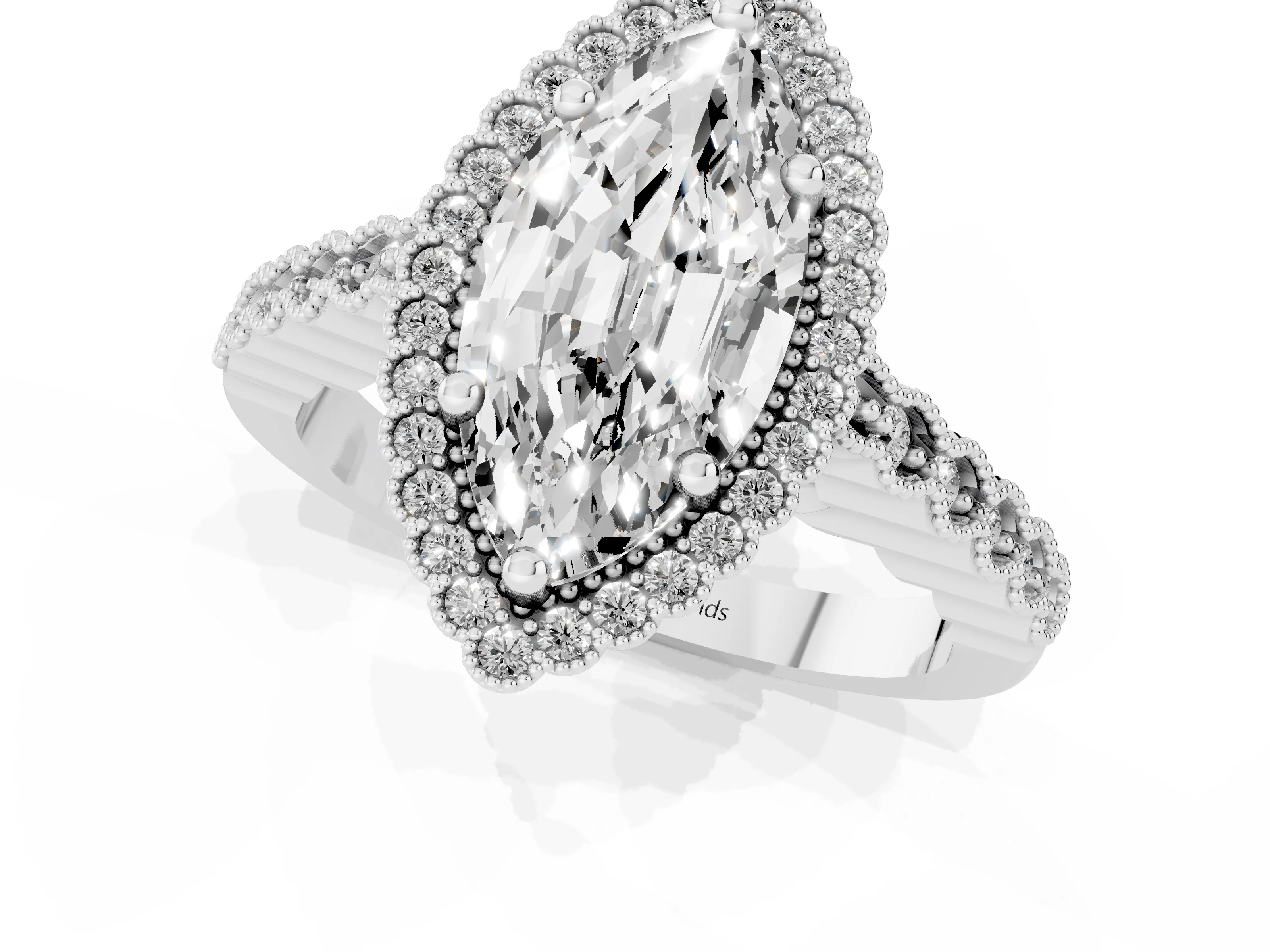 Marquise Cut Diamond Halo Ring Set in White gold with Pavé Milgrain Band