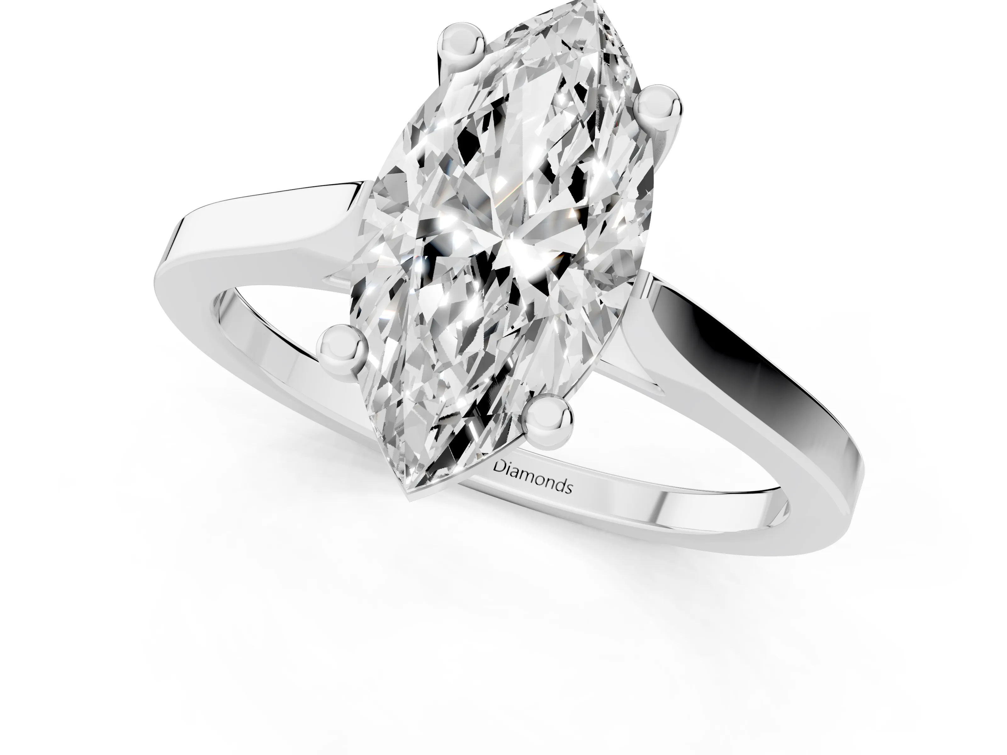 Marquise Cut Diamond Solitaire Ring Set in White gold with Prong Setting and Tapered Band