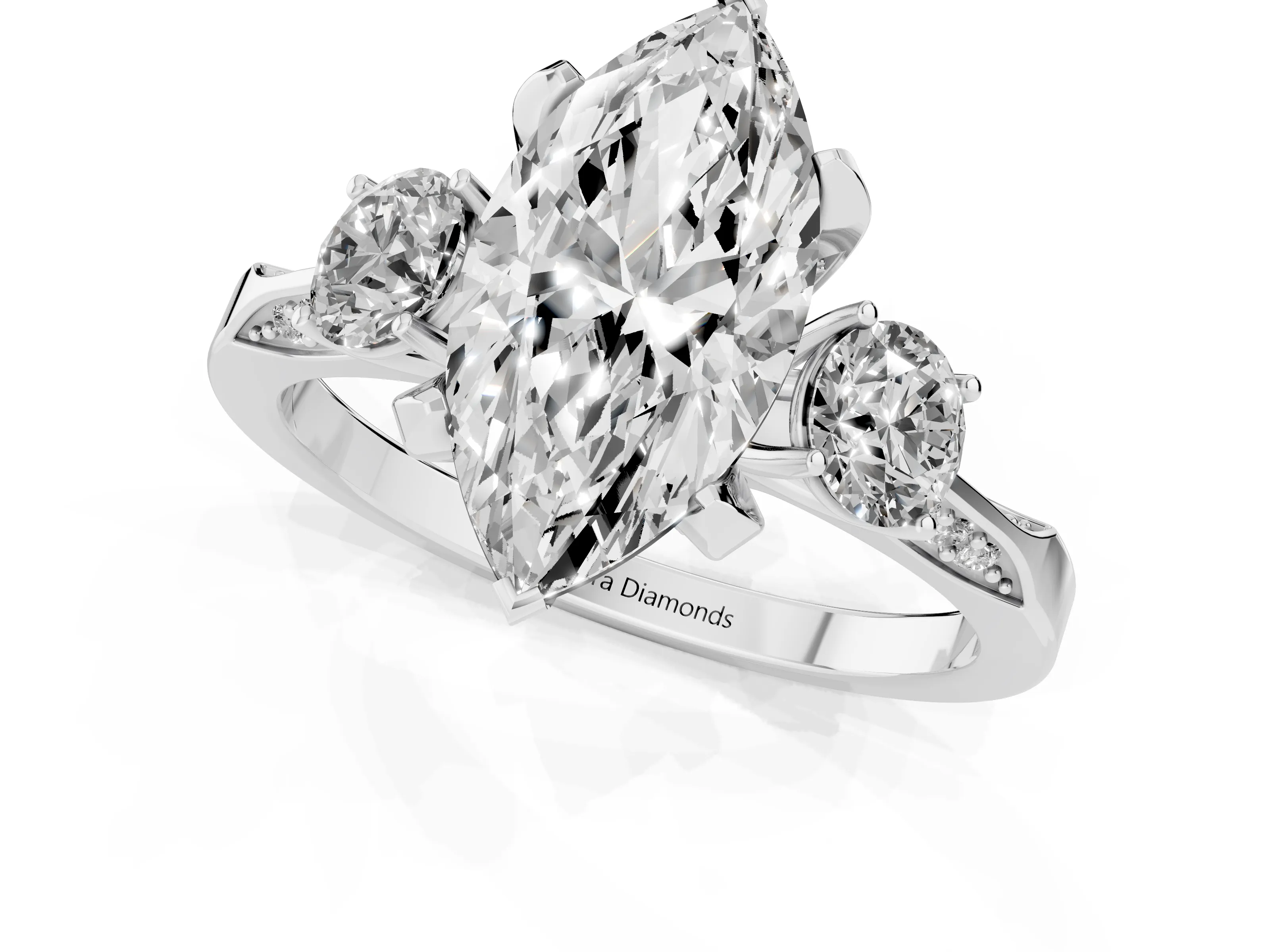 Marquise Cut Diamond Three-Stone Ring Set in Silver with Pavé Band and Smaller Side Stones