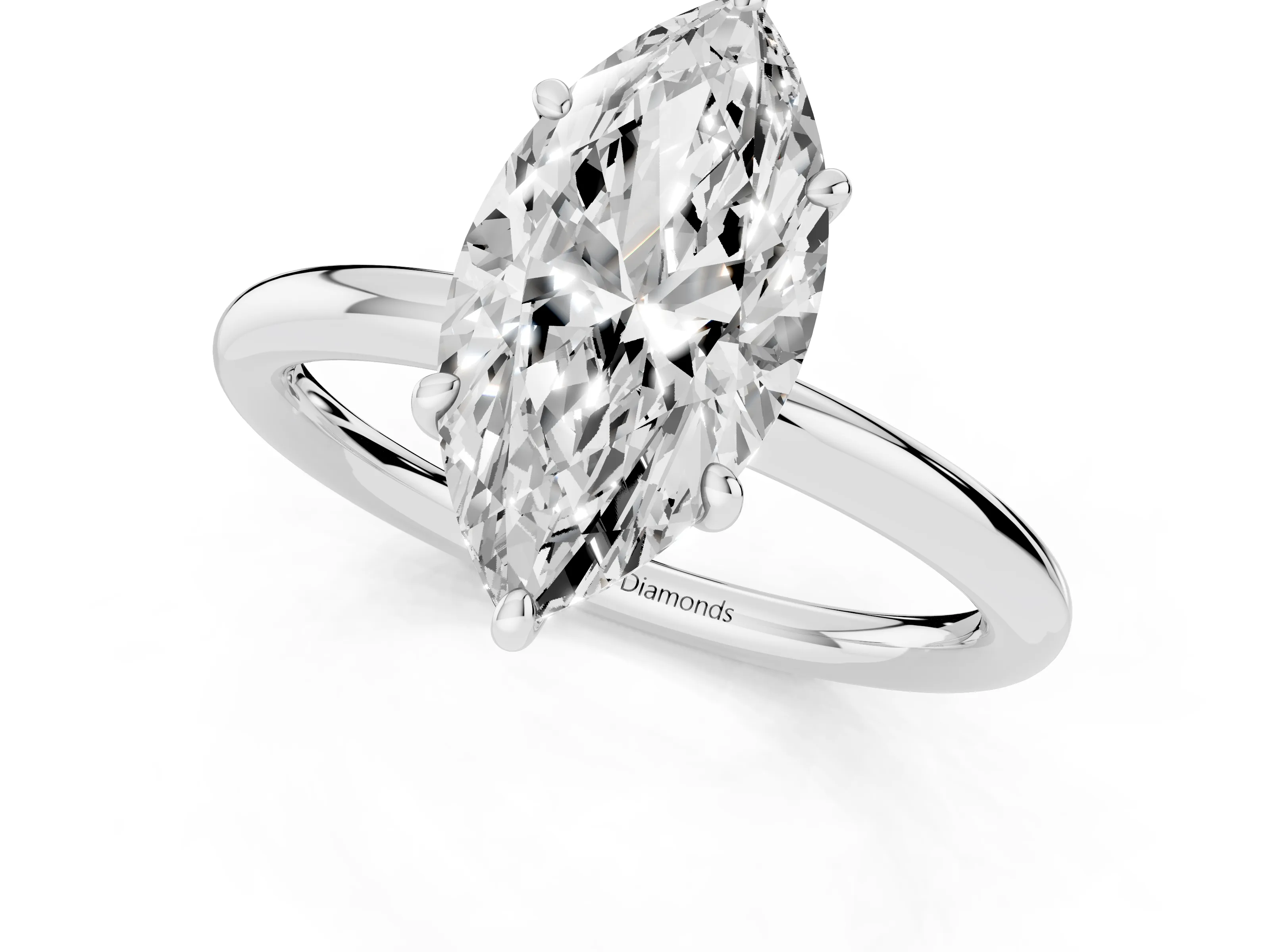 Marquise Cut Diamond Solitaire Ring Set in Silver with Prong Setting on a Polished Plain Band