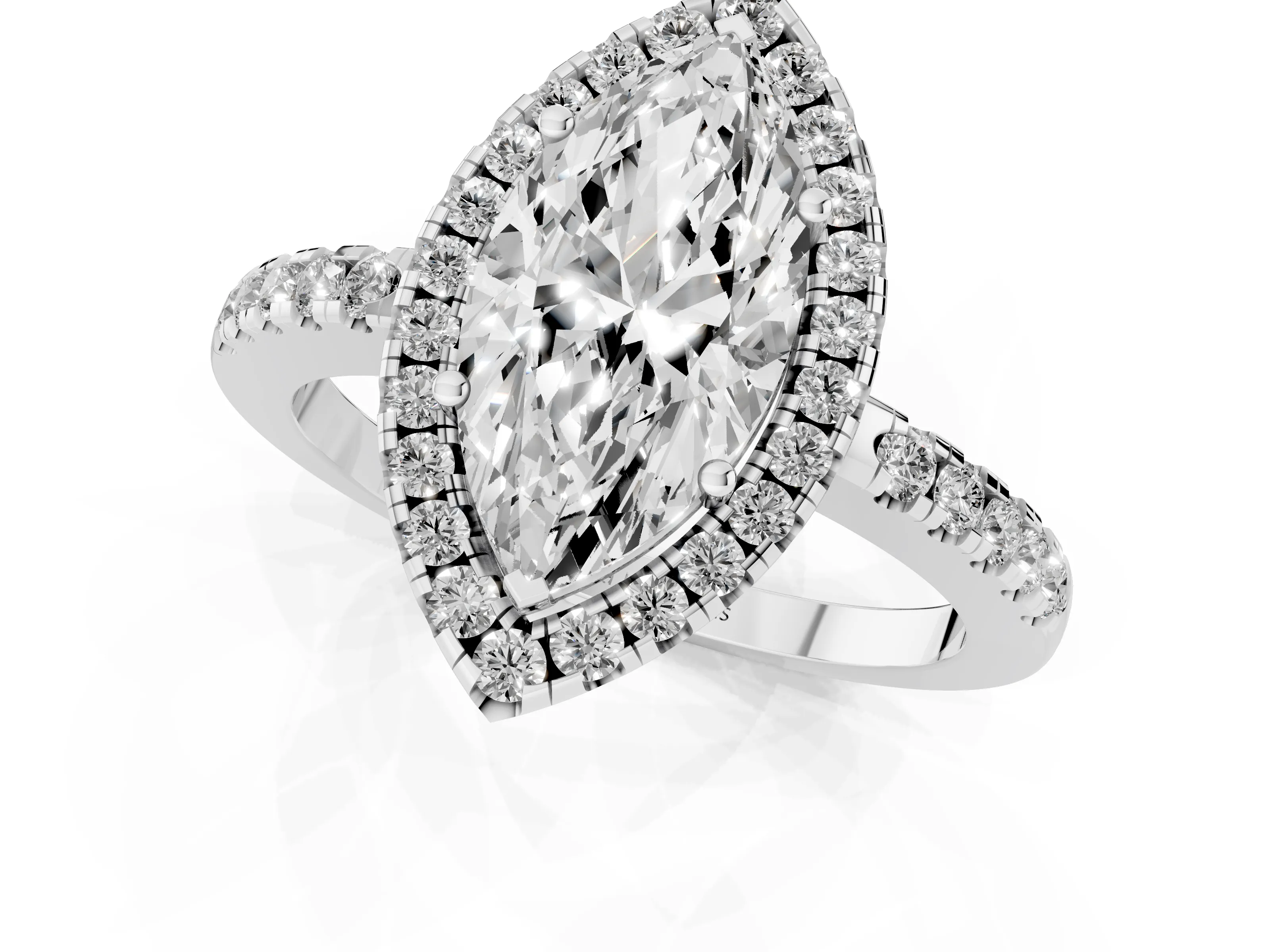 Marquise Cut Diamond Pavé Band Halo Engagement Ring Set in Platinum with Prong Setting