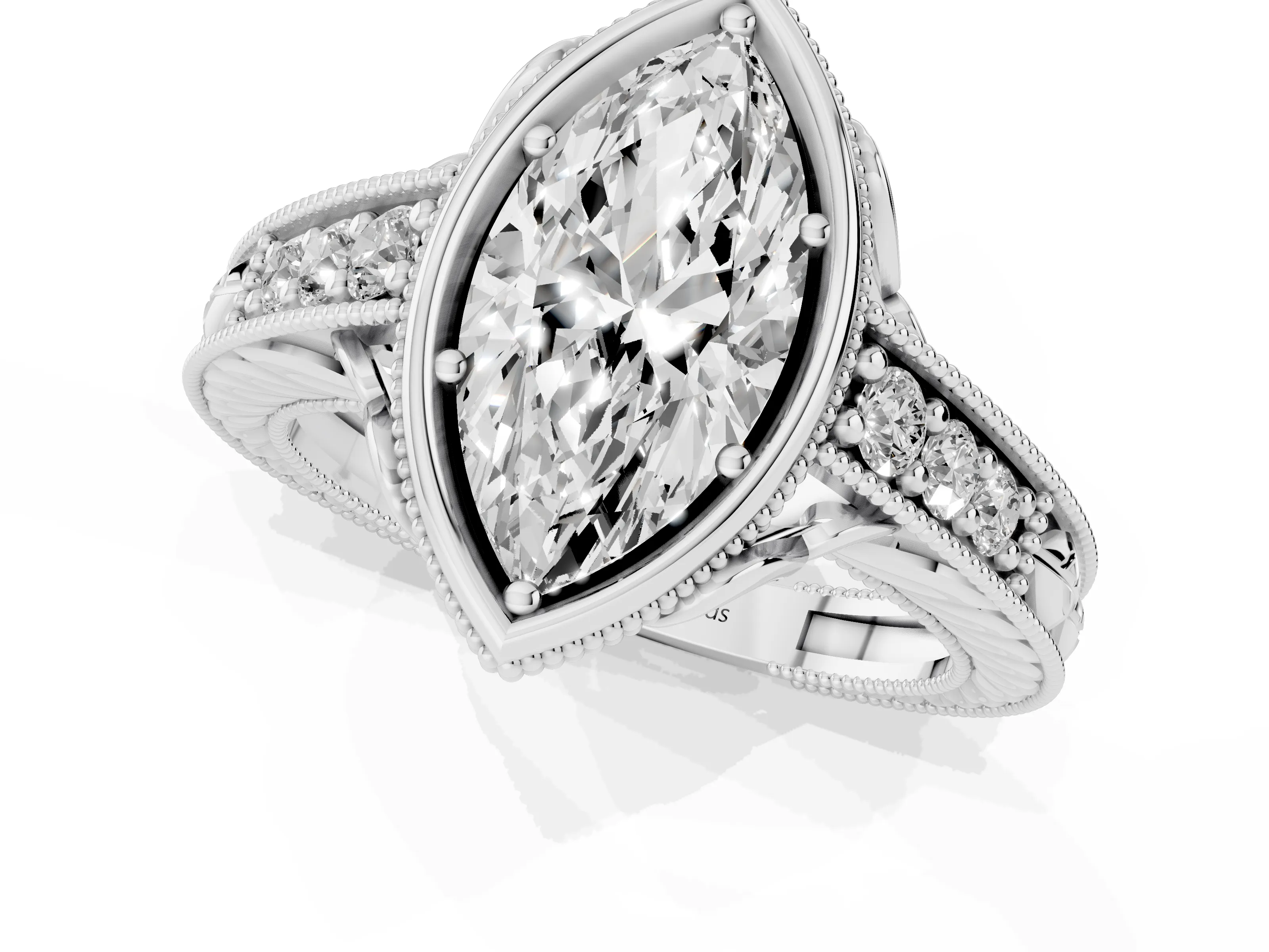 Bezel Set Marquise Cut Diamond Milgrain Pavé Engagement Ring Set in White gold