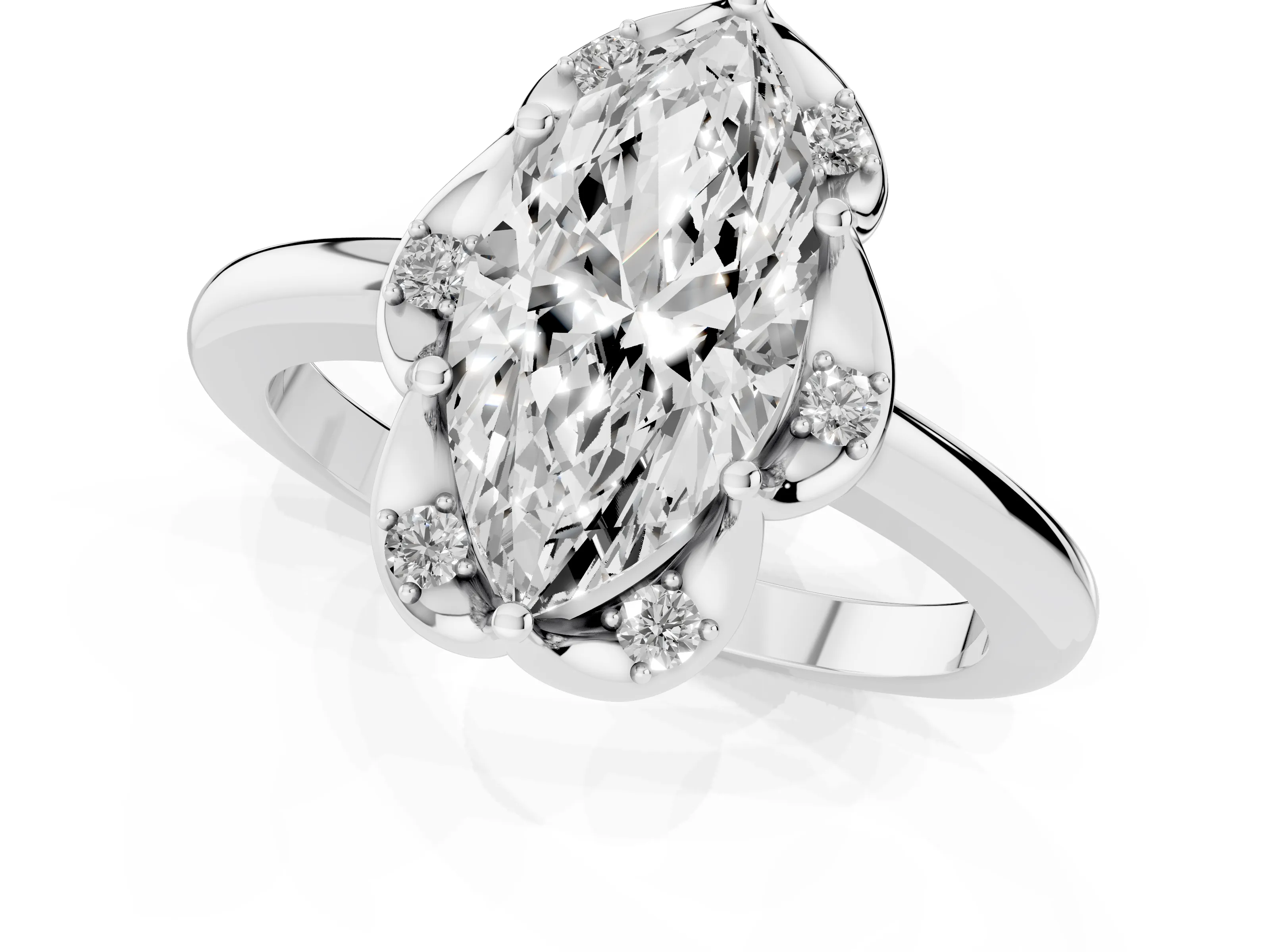 Marquise Cut Diamond Round Cluster Halo Ring Set in Silver with Solitaire Band and Prong Setting
