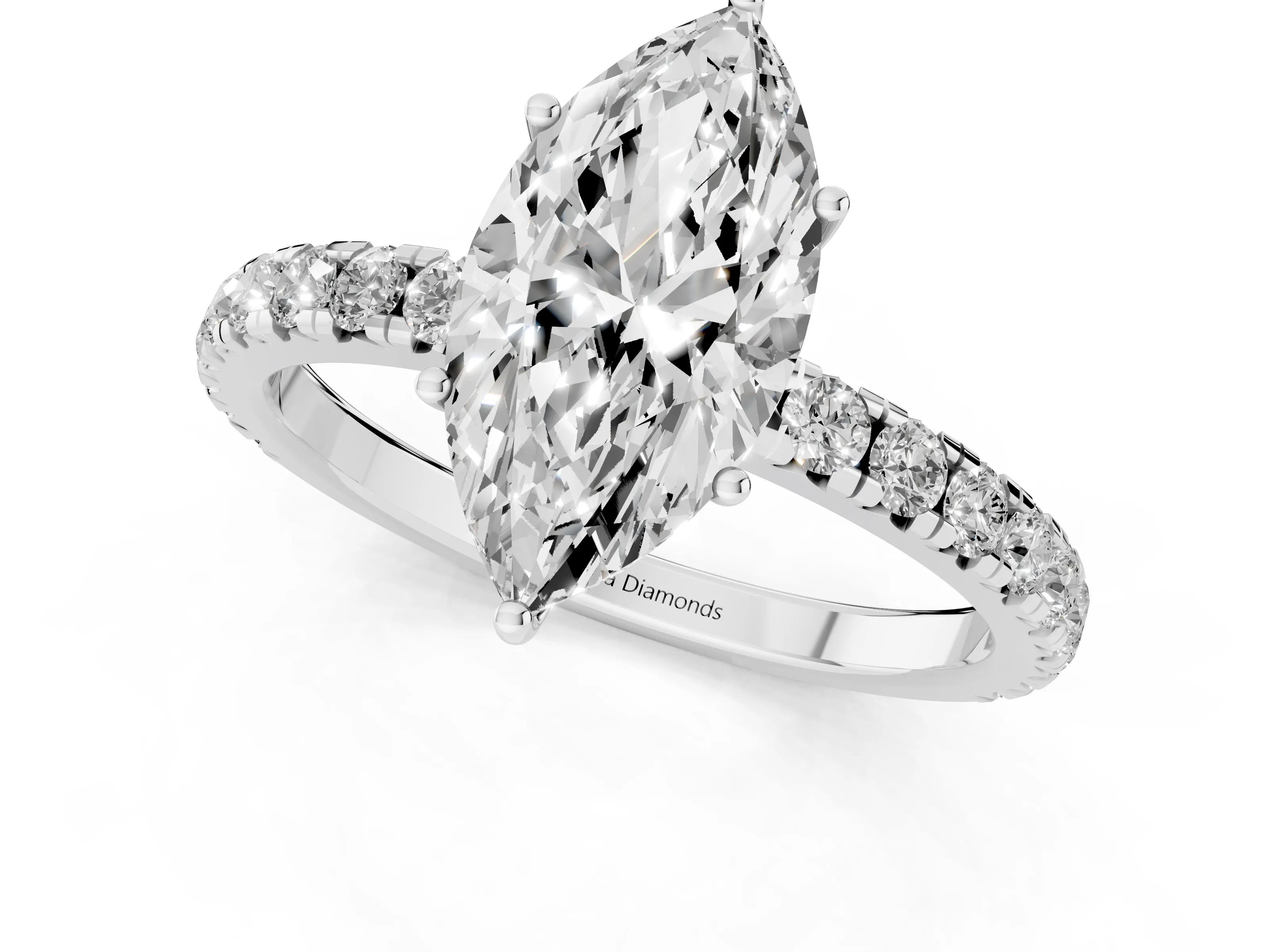 Marquise Cut Diamond Pavé Solitaire Engagement Ring Set in White gold with Prong Setting