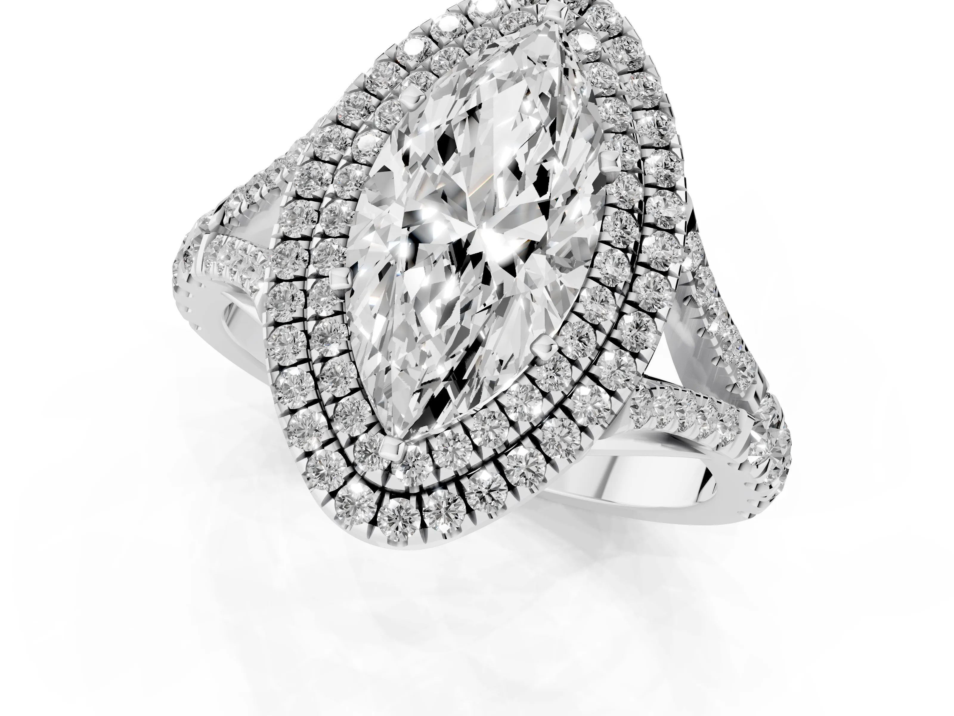 Marquise Cut Diamond Pavé Split Shank Double Halo Engagement Ring Set in Silver