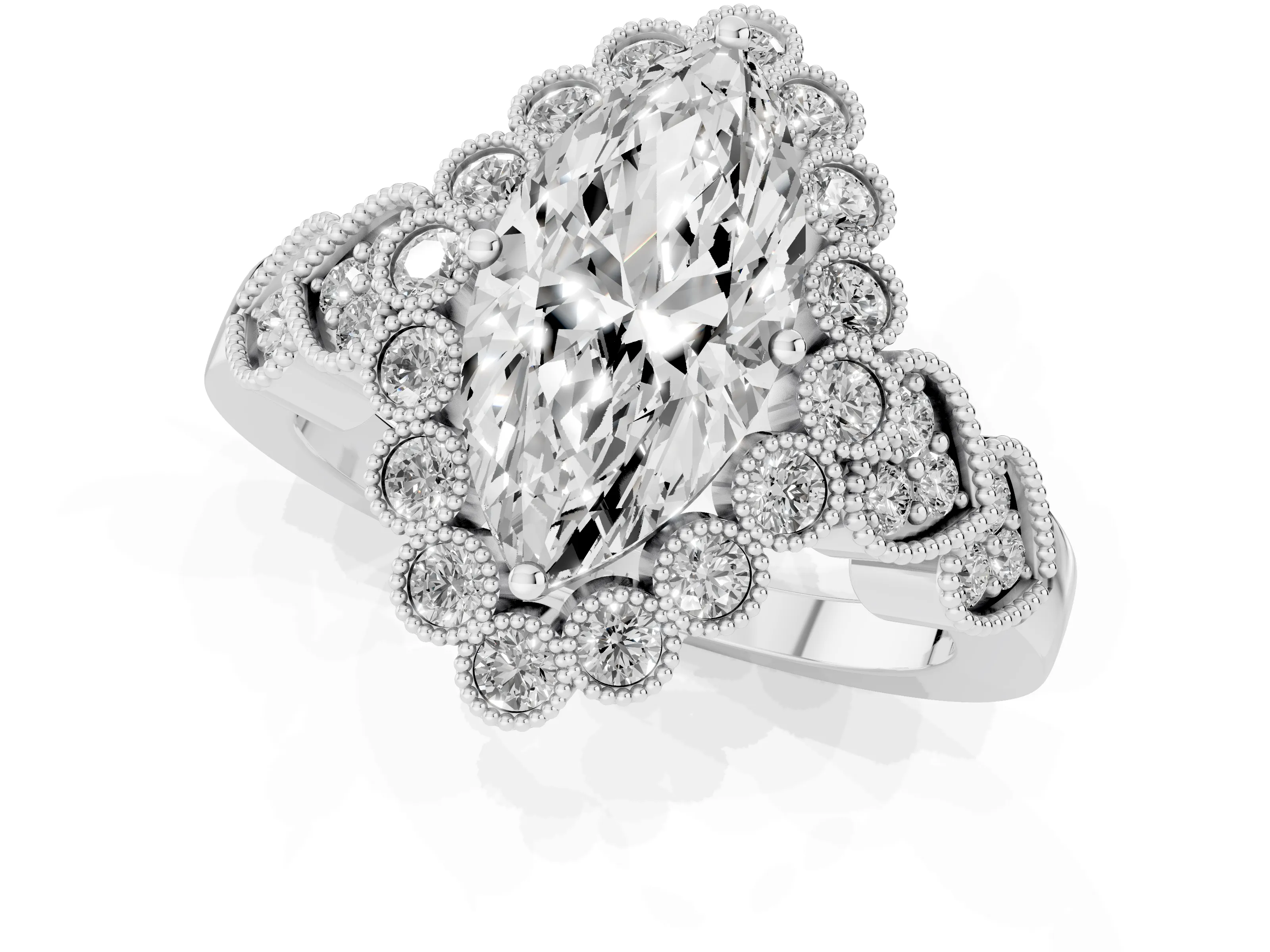 Marquise Cut Diamond Solitaire Ring Set in Platinum with Milgrain Pavé Heart Band