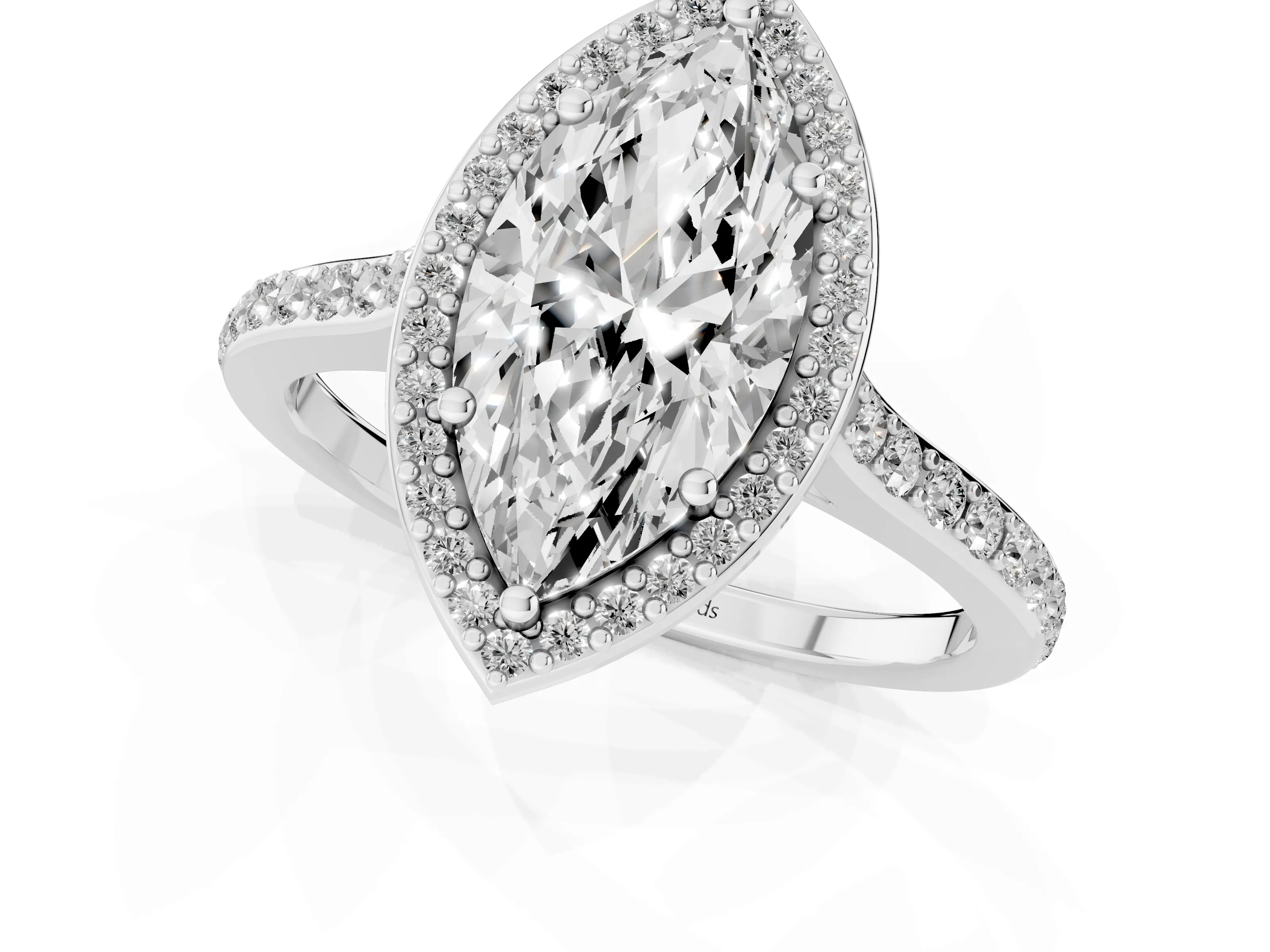 Marquise Cut Diamond Halo Engagement Ring Set in Silver with Round Pavé Shoulders and Heart Gallery