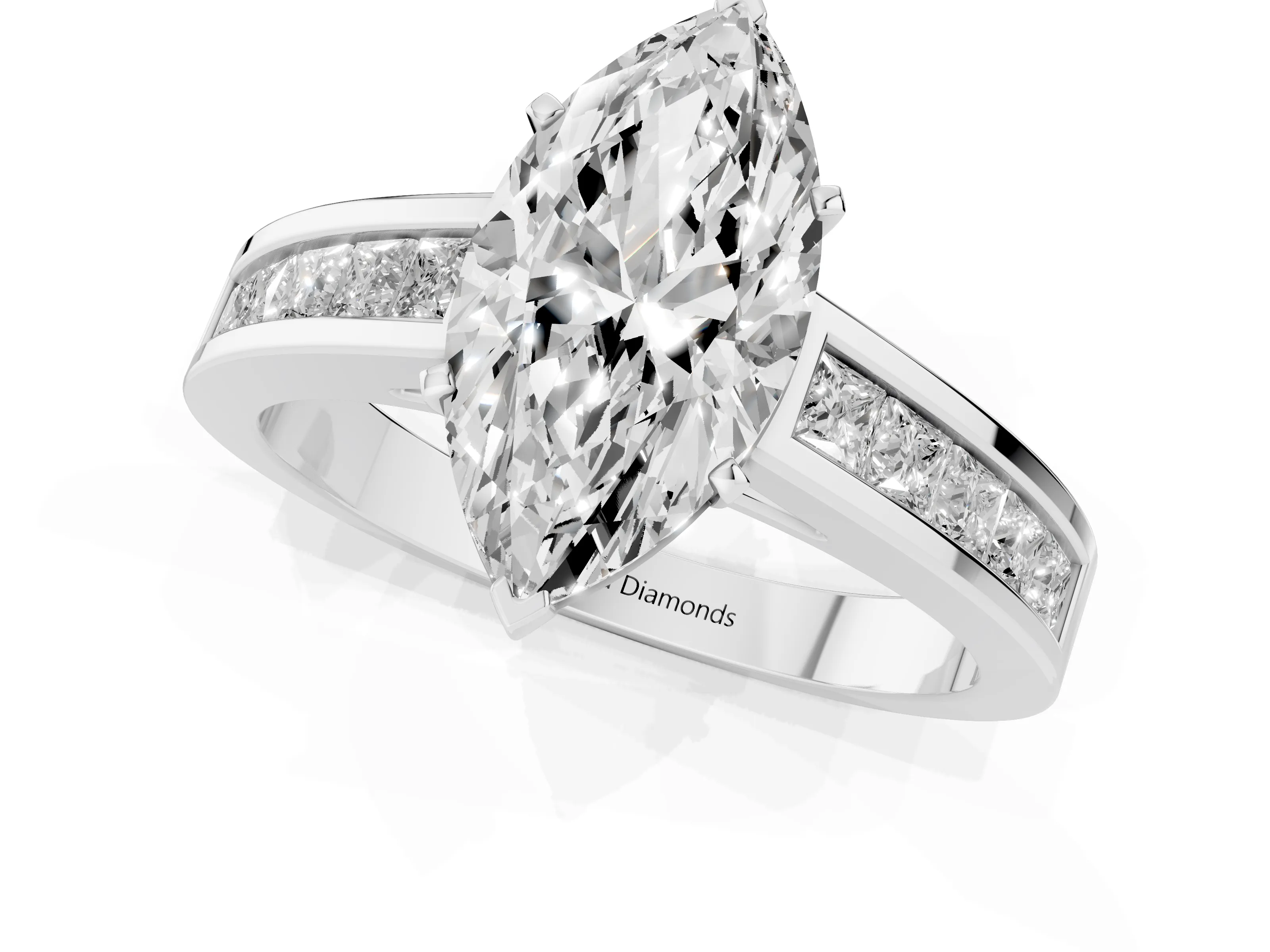 Marquise Cut Diamond Solitaire Ring Set in Platinum with Channel-Set Band and Prong Setting