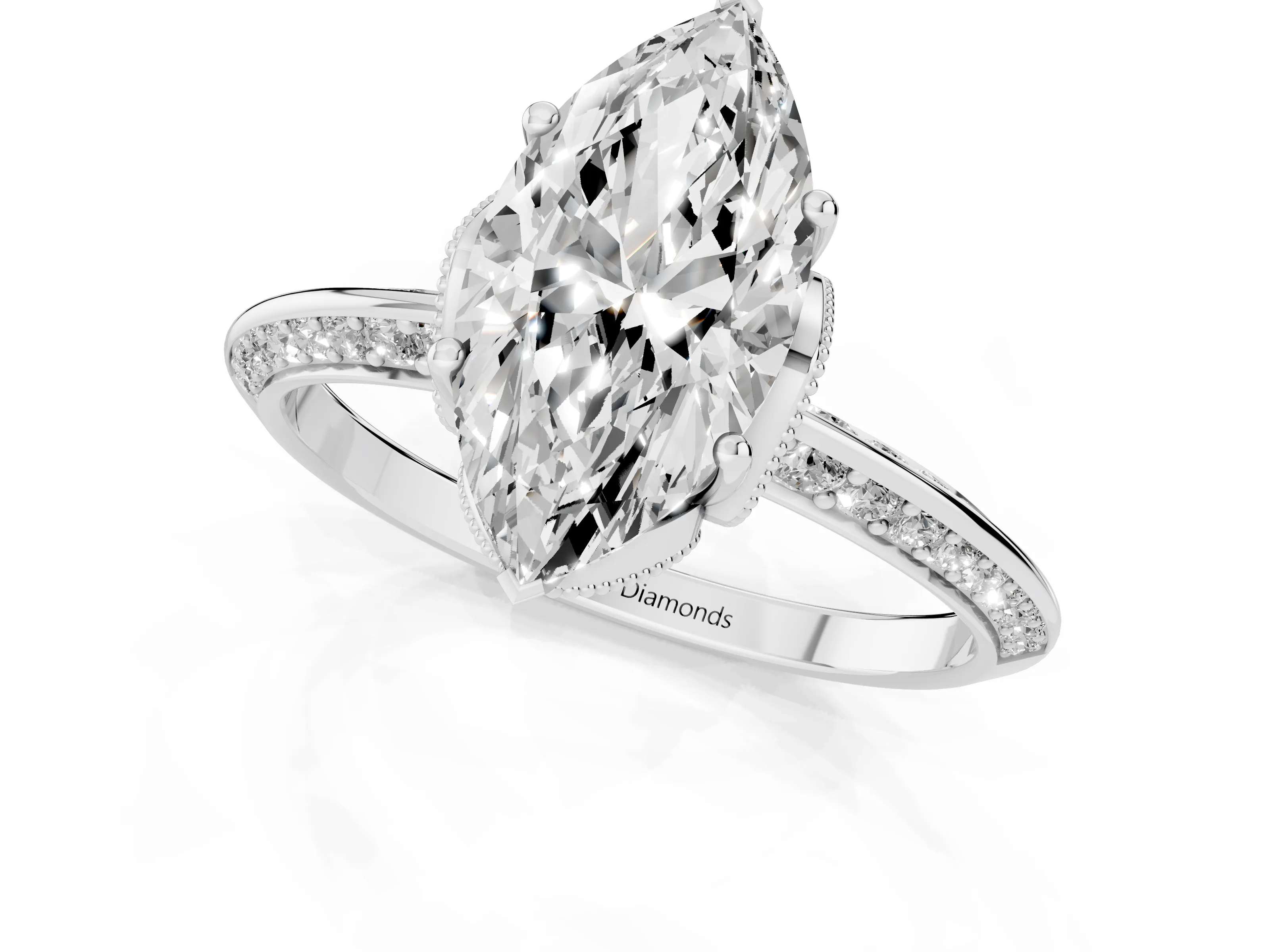 Marquise Cut Diamond Solitaire Engagement Ring Set in Silver with Pavé Split Shank and Prong Setting
