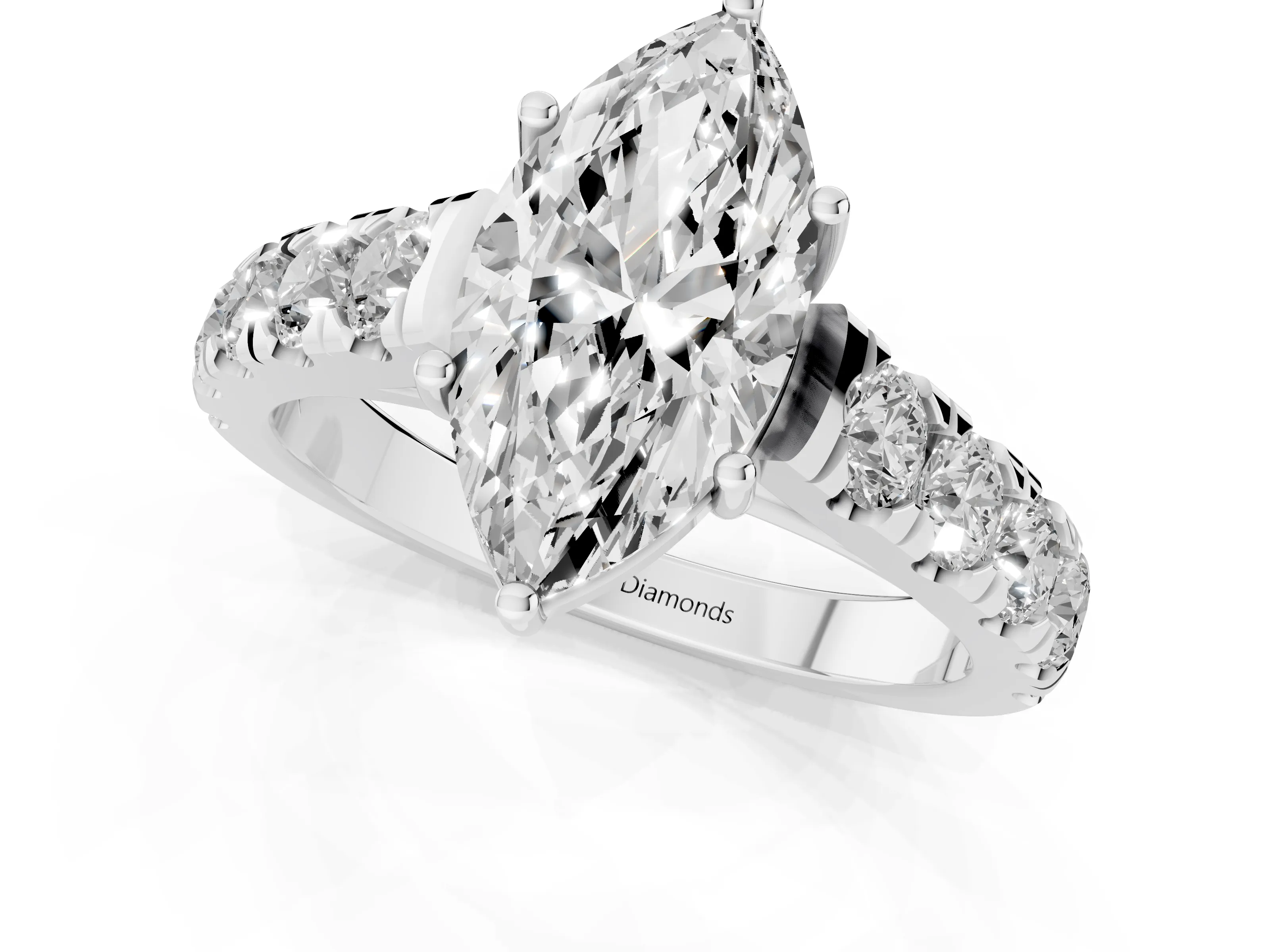 Marquise Cut Diamond Solitaire Ring Set in White gold with Cut-Down Micro Pavé Band and Prong Setting