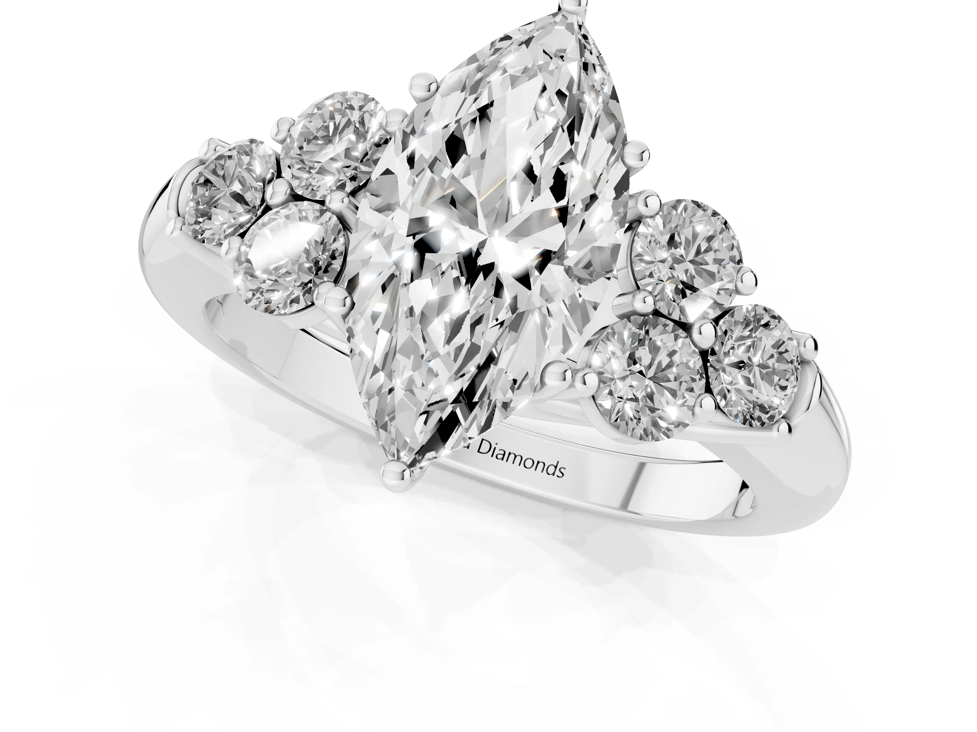 Marquise Cut Diamond Cluster Ring Set in Platinum with Round Accent Stones and Prong Setting on a Plain Band