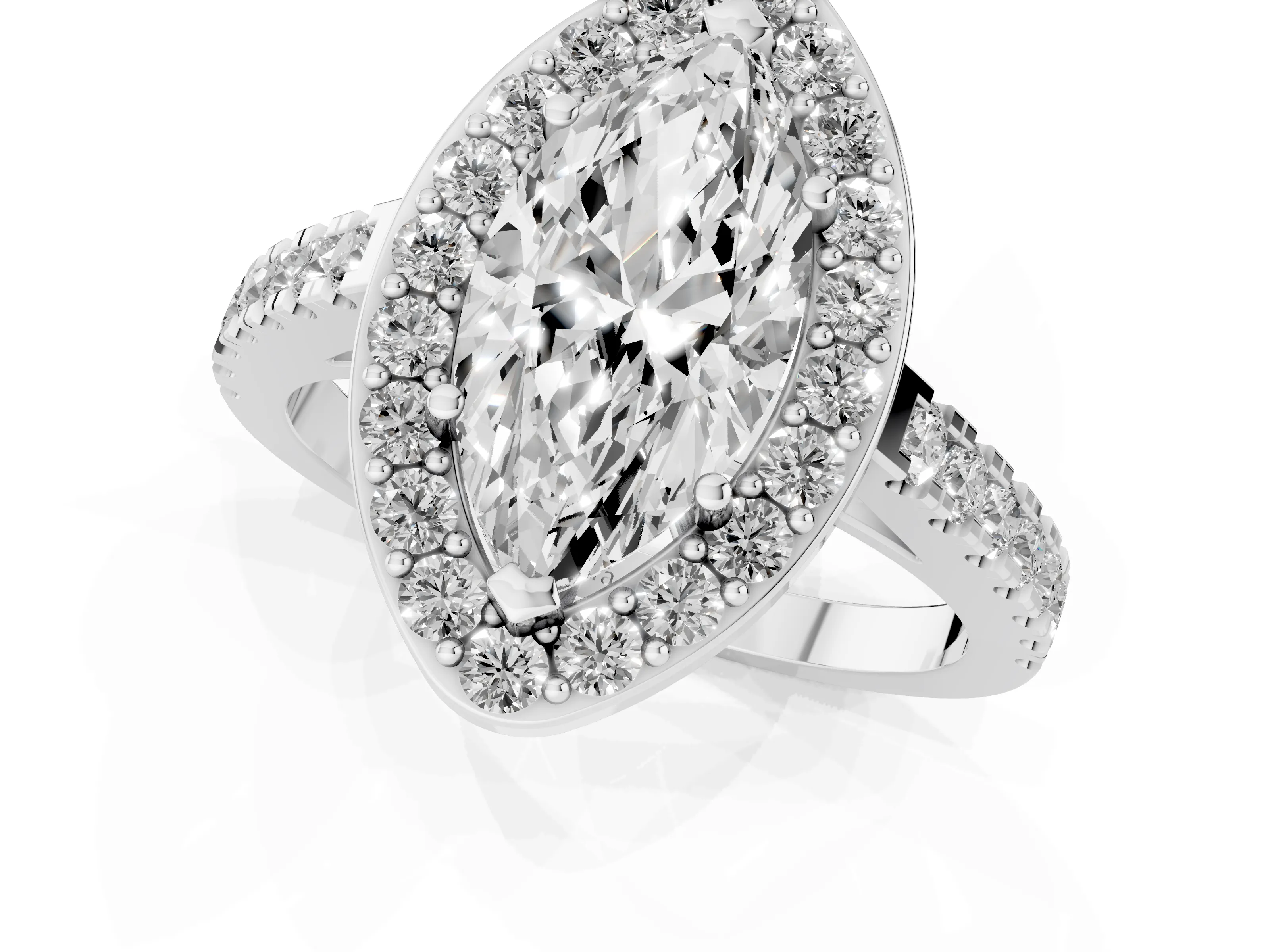 Marquise Cut Diamond Halo Ring Set in Silver with Round Pavé Split Shank and Prong Setting