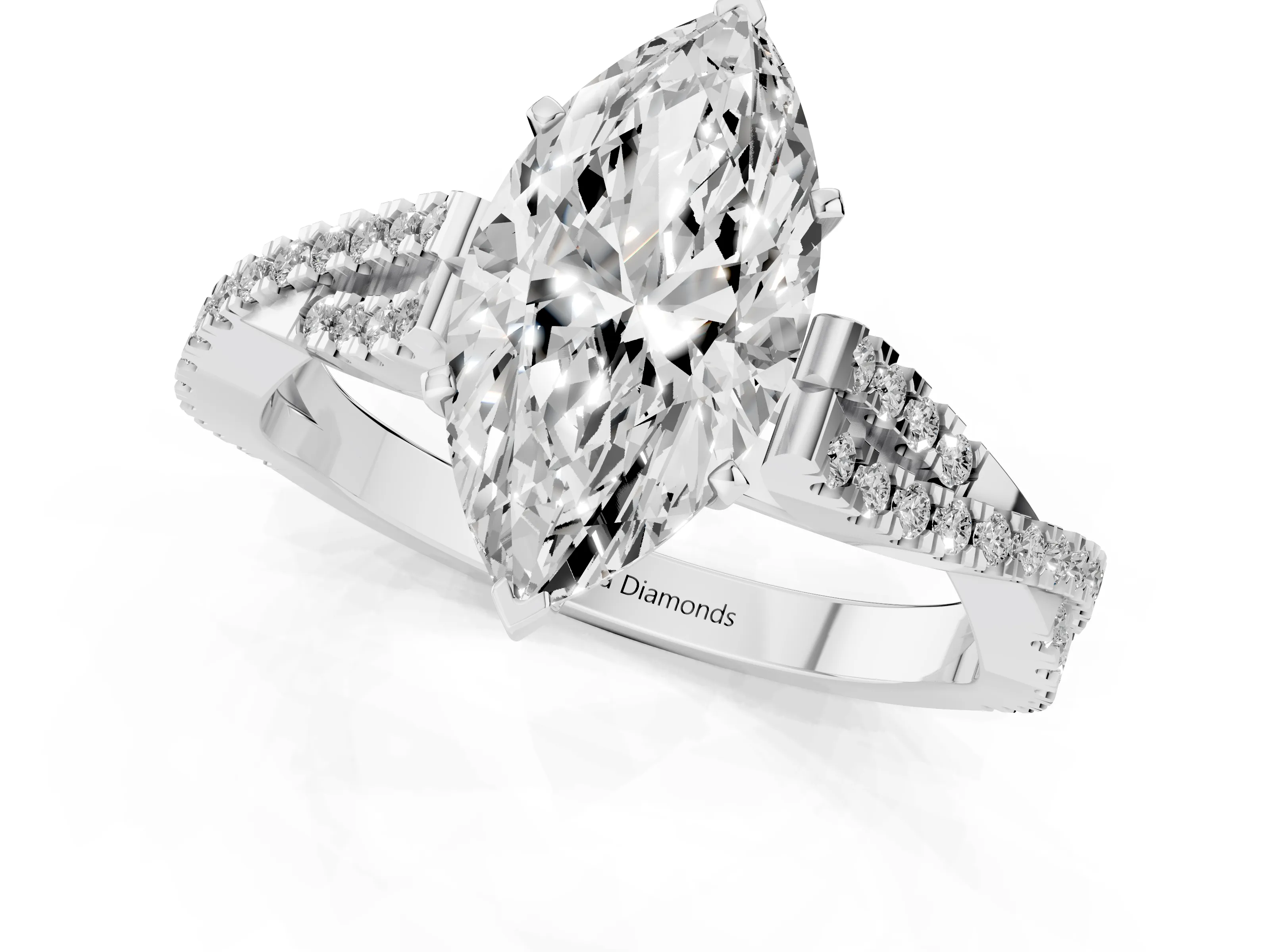 Marquise Cut Diamond Solitaire Engagement Ring Set in White gold with Twisted Pavé Band and Prong Setting