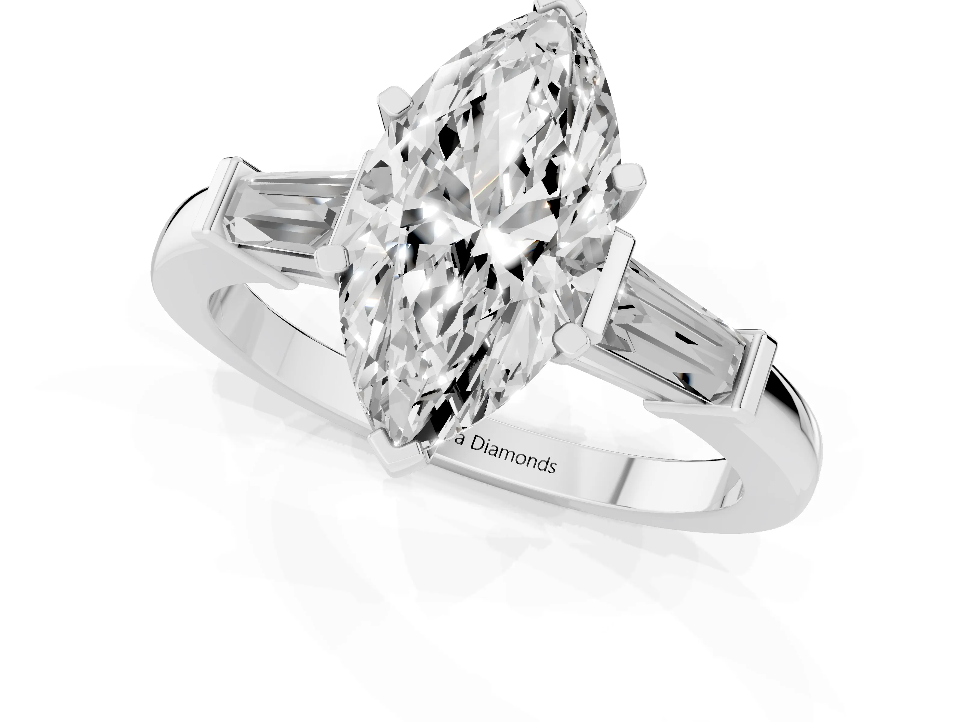 Marquise Cut Diamond Solitaire Ring Set in Platinum with Tapered Baguette Accents and Prong Setting