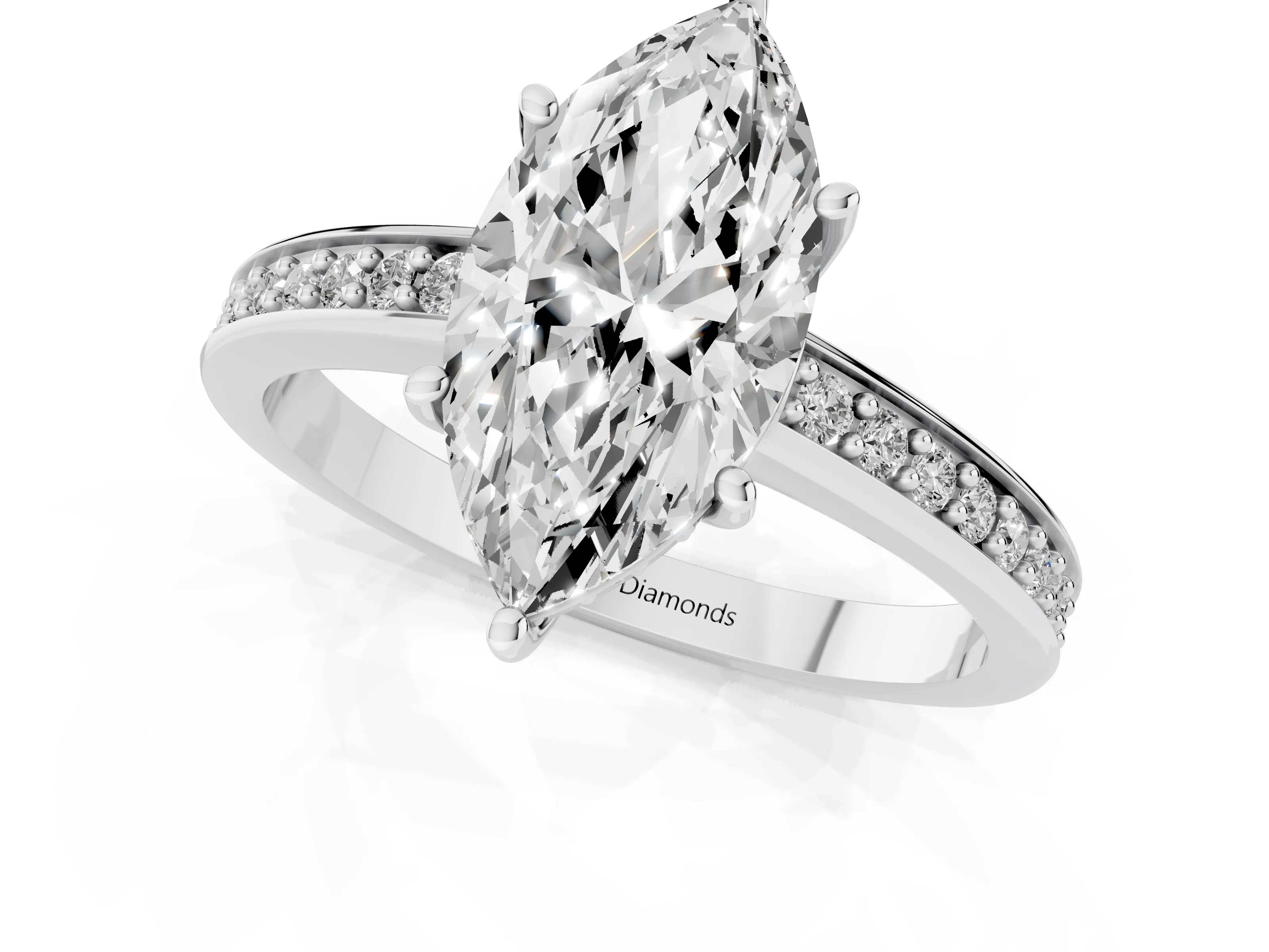 Marquise Cut Diamond Pavé Band Prong Set Solitaire Ring Set in White gold
