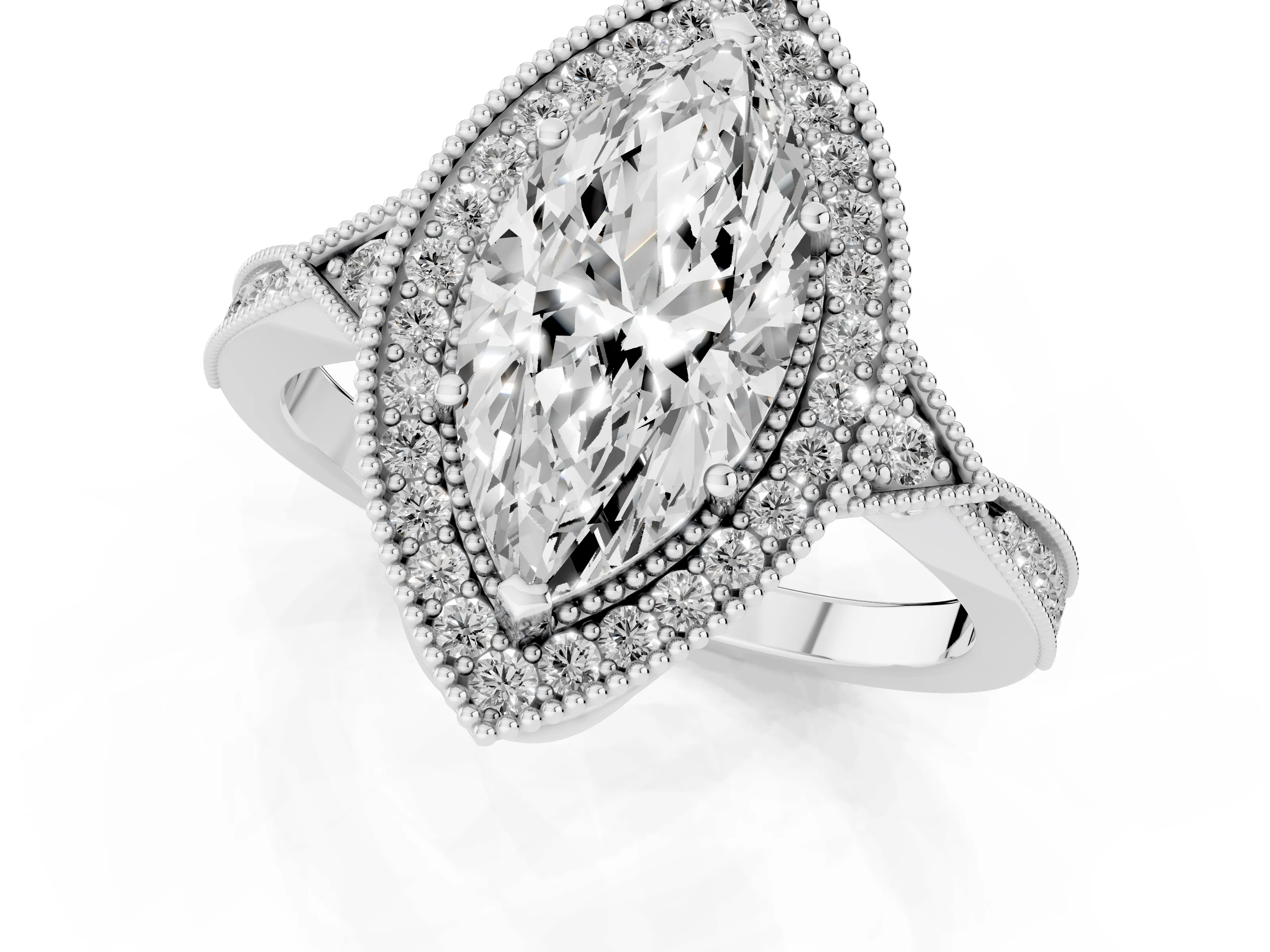 Marquise Cut Diamond Halo Engagement Ring Set in Platinum with Milgrain Pavé Band – second view
