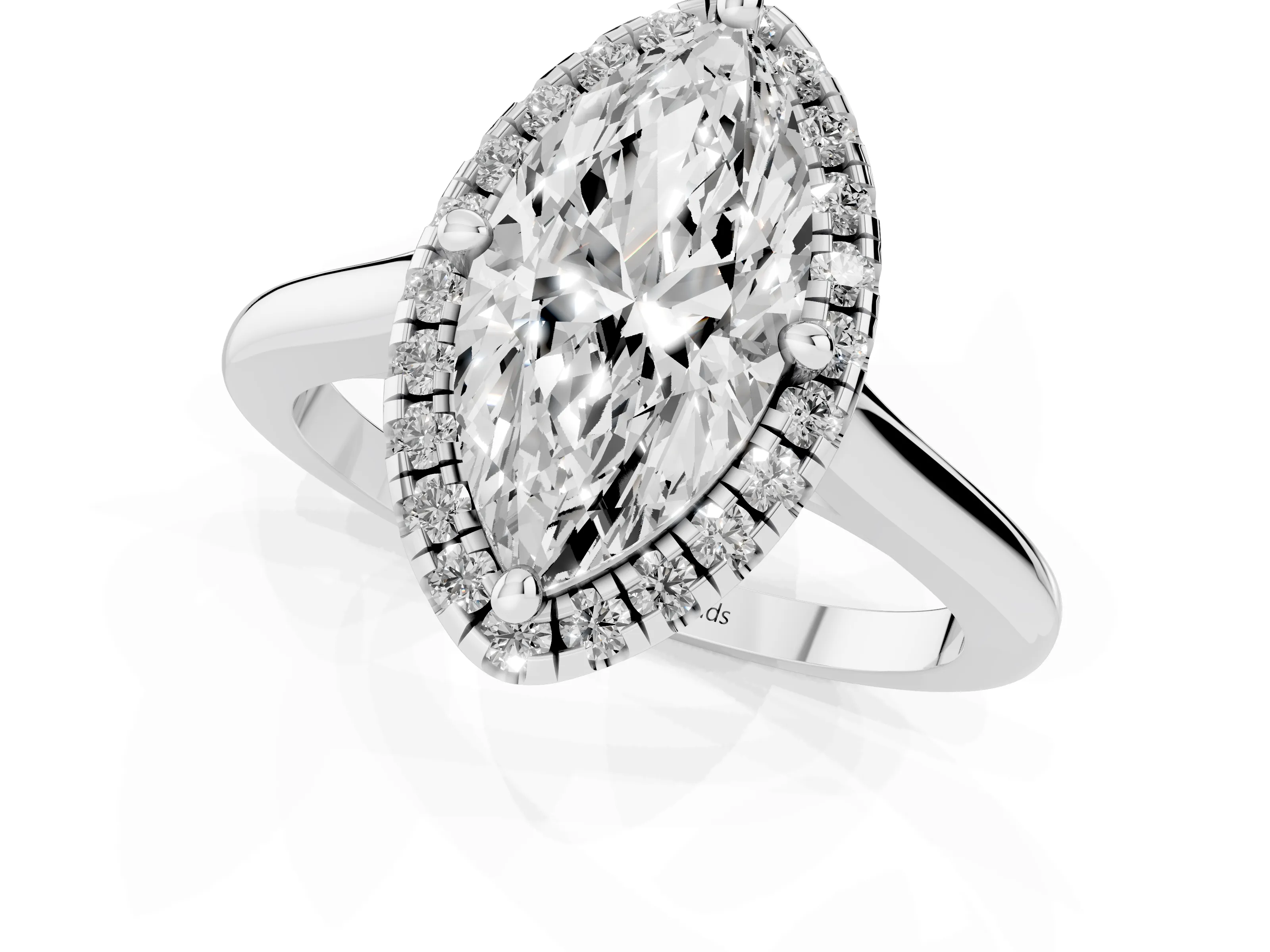 Marquise Cut Diamond Halo Engagement Ring Set in White gold with Pavé Band and Rising Shoulders